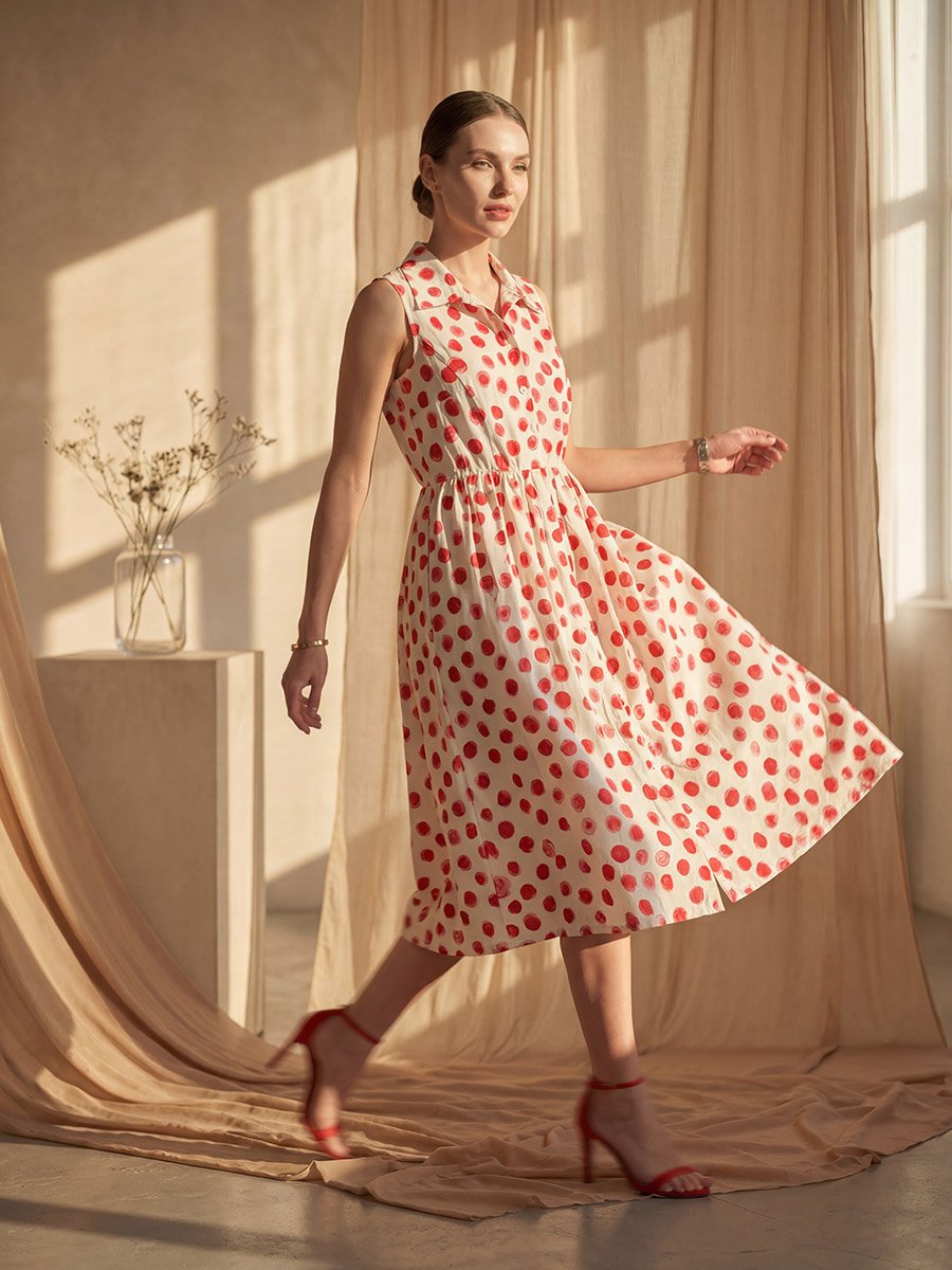 White Sleeveless Polka Dot Midi Dress