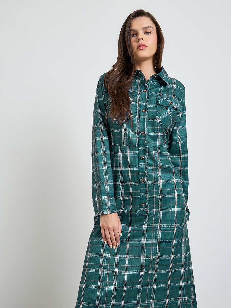 Dark Green Checked Long Sleeve Shirt Maxi Dress