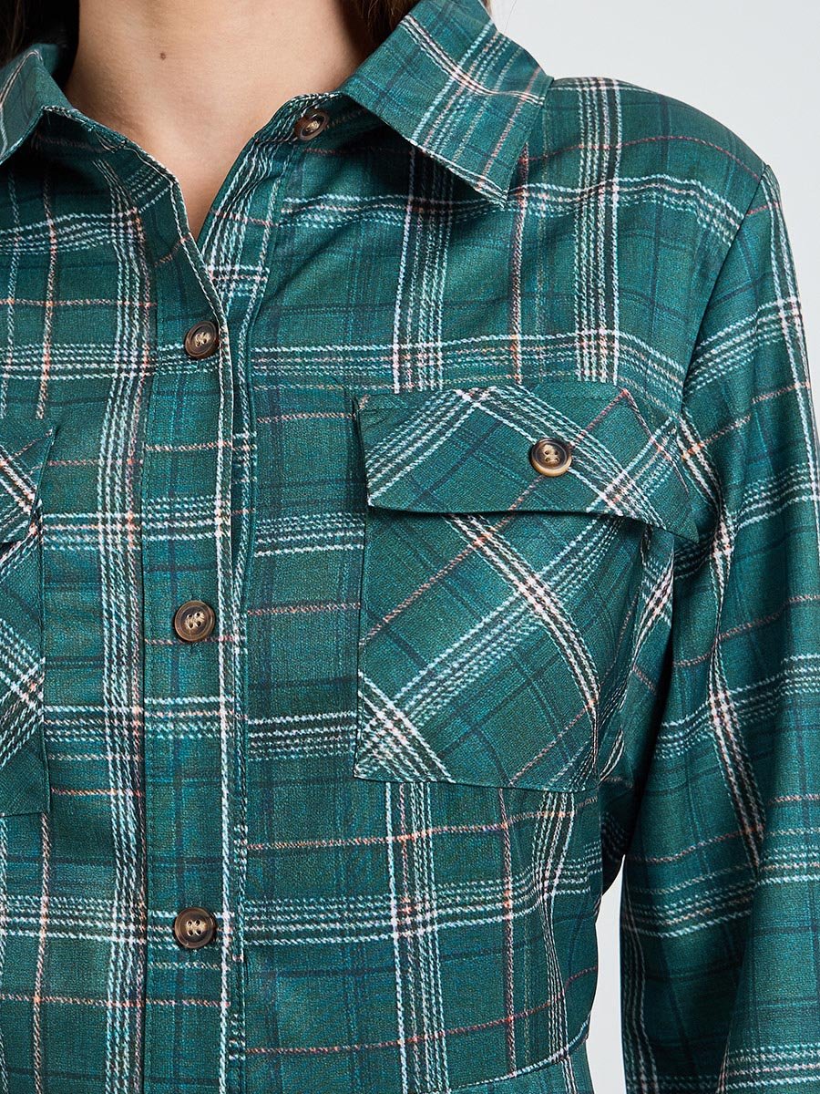 Dark Green Checked Long Sleeve Shirt Maxi Dress