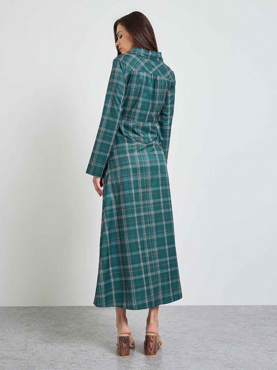 Dark Green Checked Long Sleeve Shirt Maxi Dress