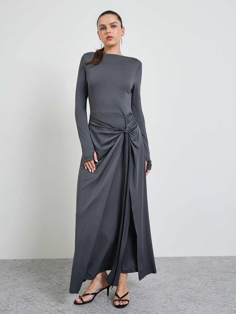 Grey Solid Gathered Details Maxi Dress