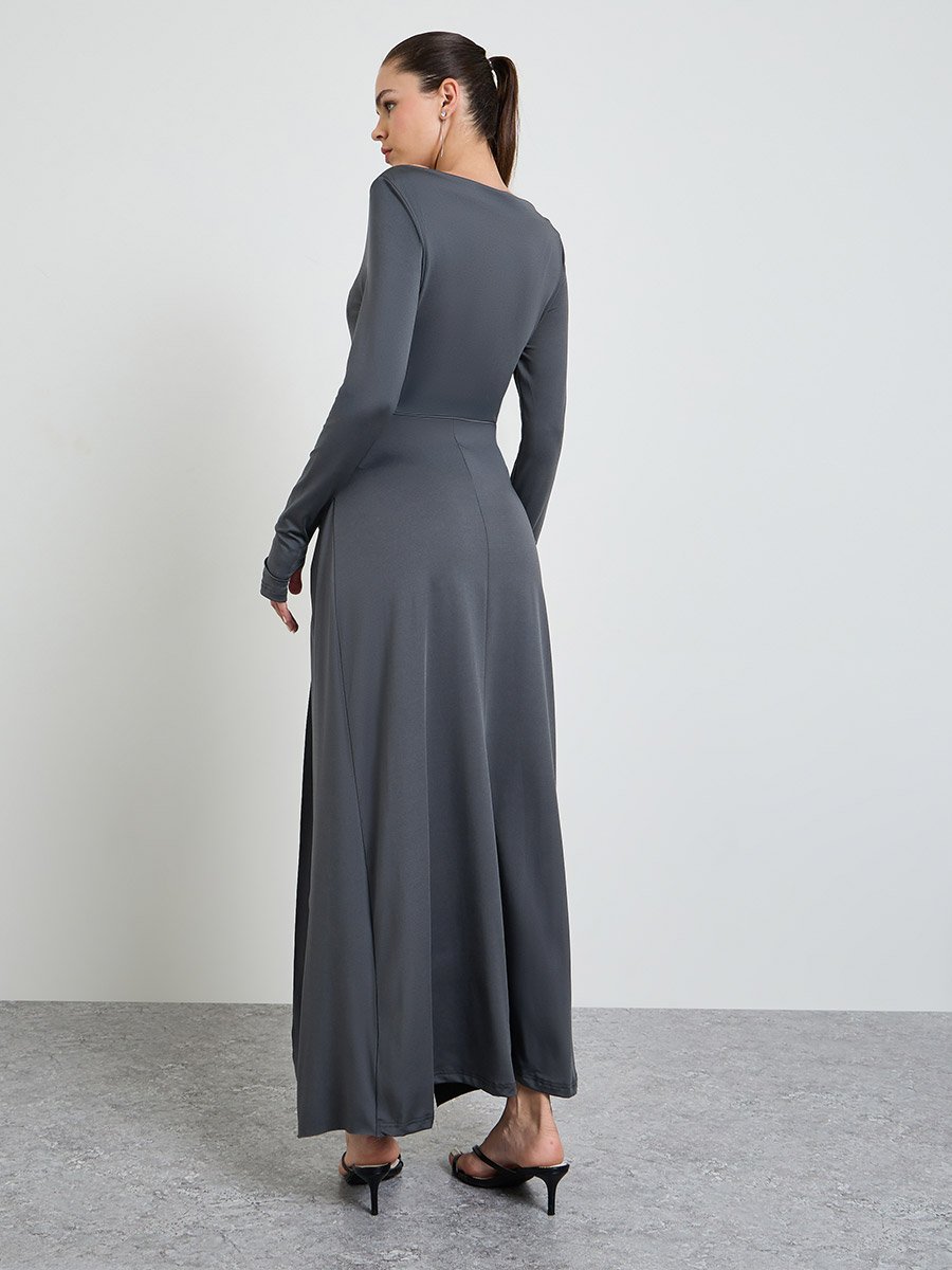 Grey Solid Gathered Details Maxi Dress