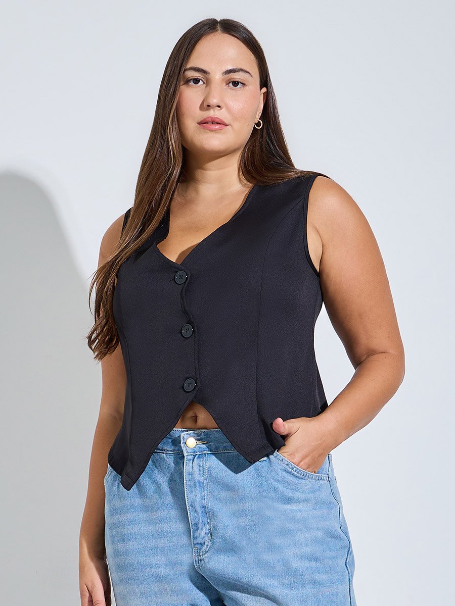 Plus Size Black Sleeveless V-Neck Vest Top