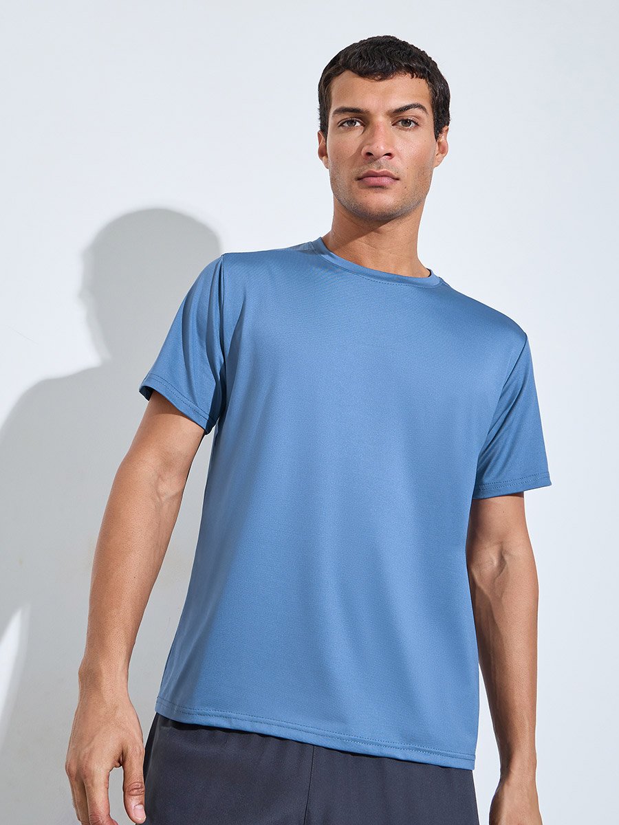 Men Blue Solid Regular Fit Activewear T-Shirt