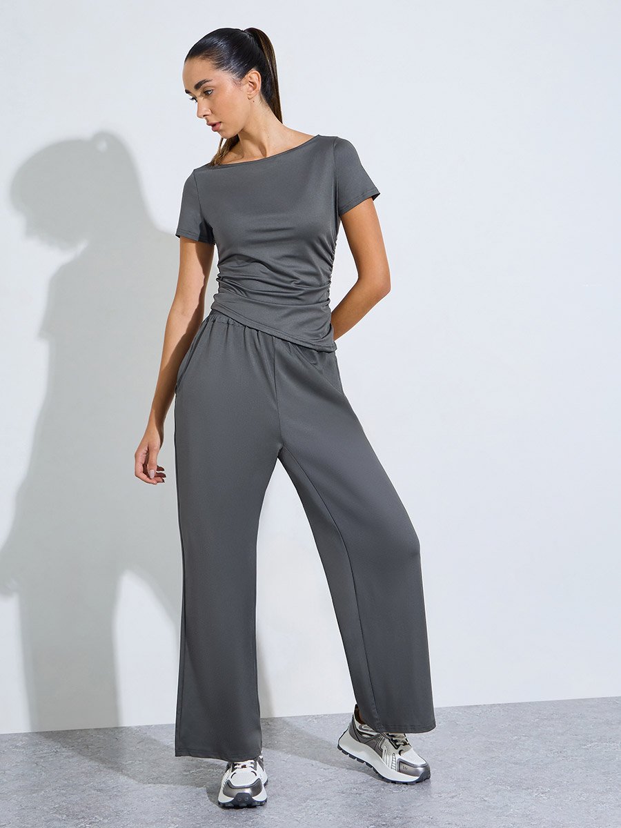 Charcoal Asymmetric Side Ruche SS Top and Straight Pants Set