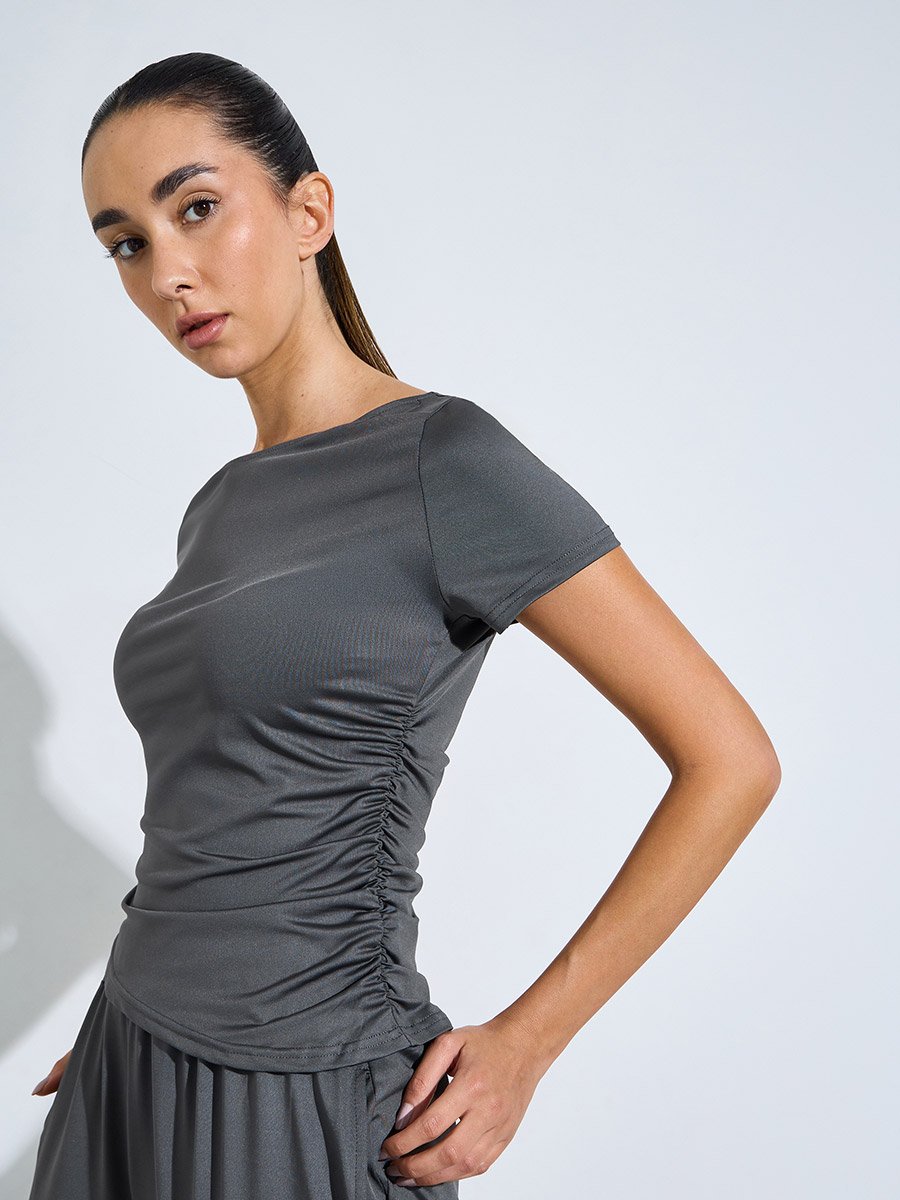 Charcoal Asymmetric Side Ruche SS Top and Straight Pants Set