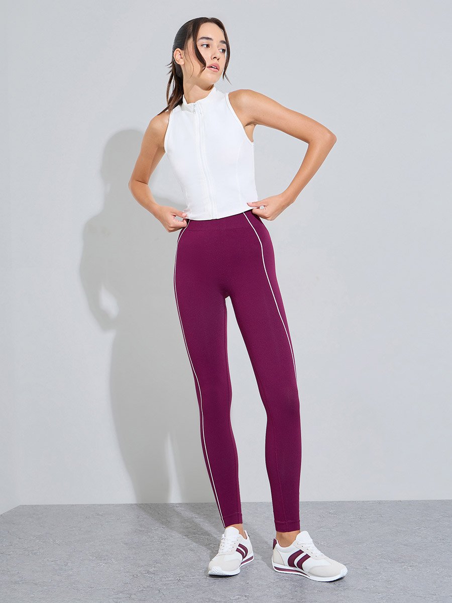 Burgundy Contrast Seam Detail Broad Waist Leggings