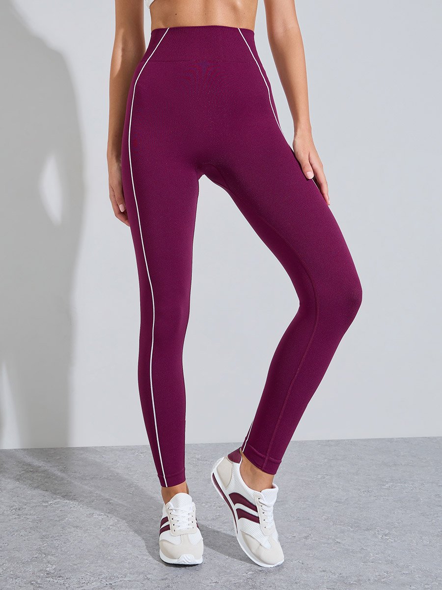 Burgundy Contrast Seam Detail Broad Waist Leggings