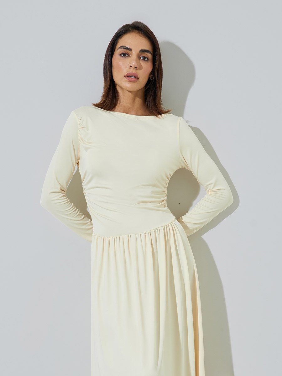Cream Side Gathered A-Line Maxi Dress