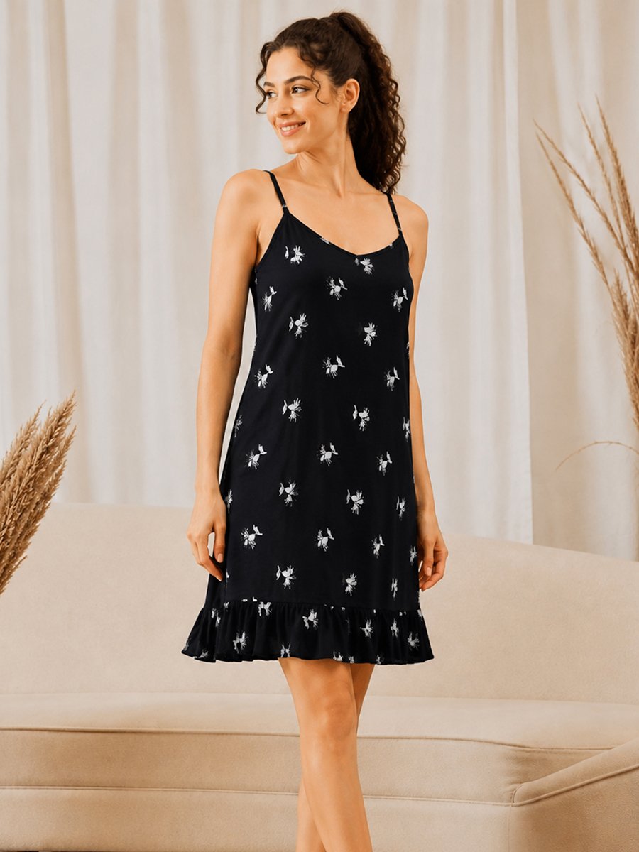 Black Sleeveless Floral Nightdress