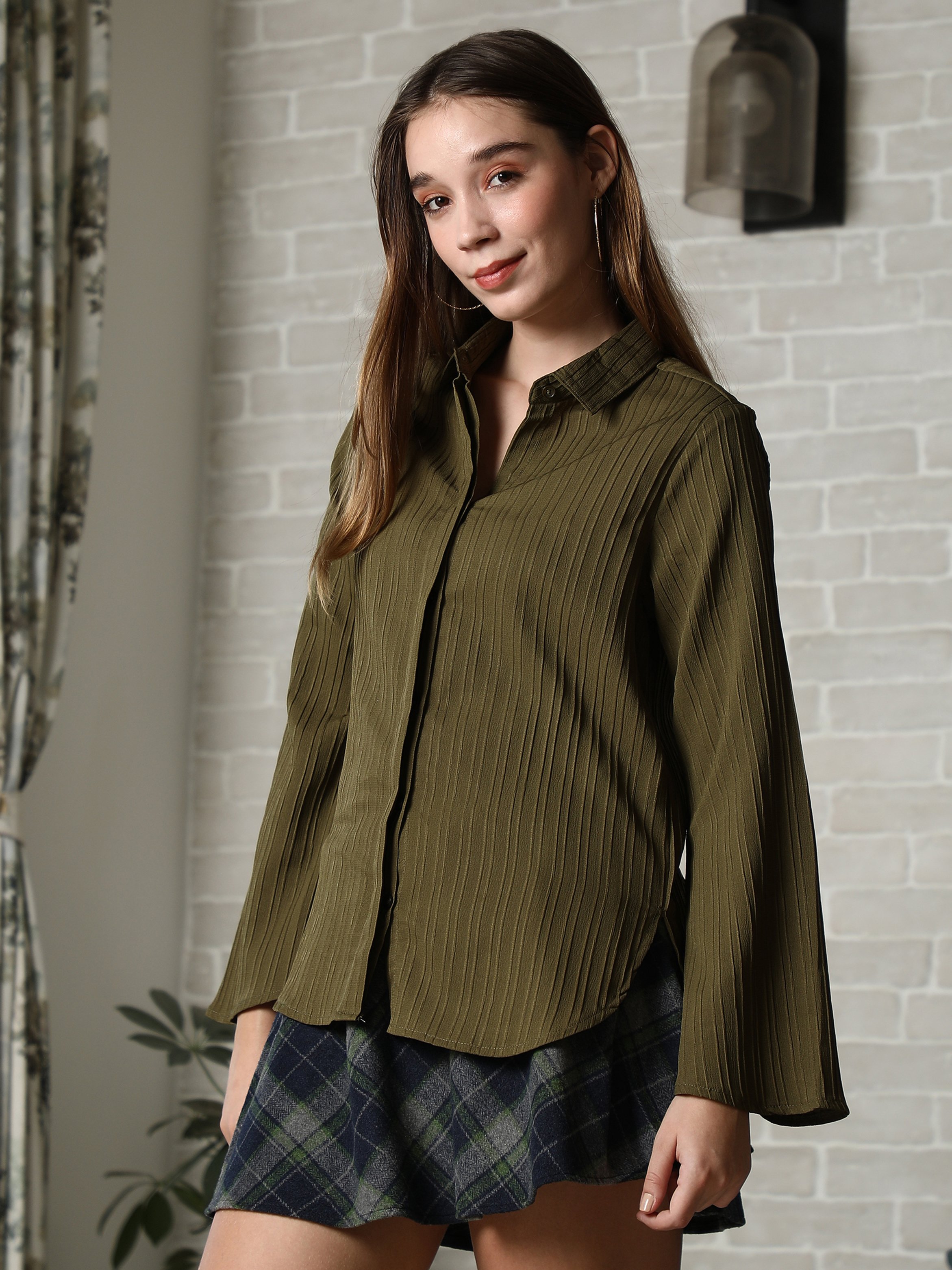Olive Green Self-Design Striped Shirt