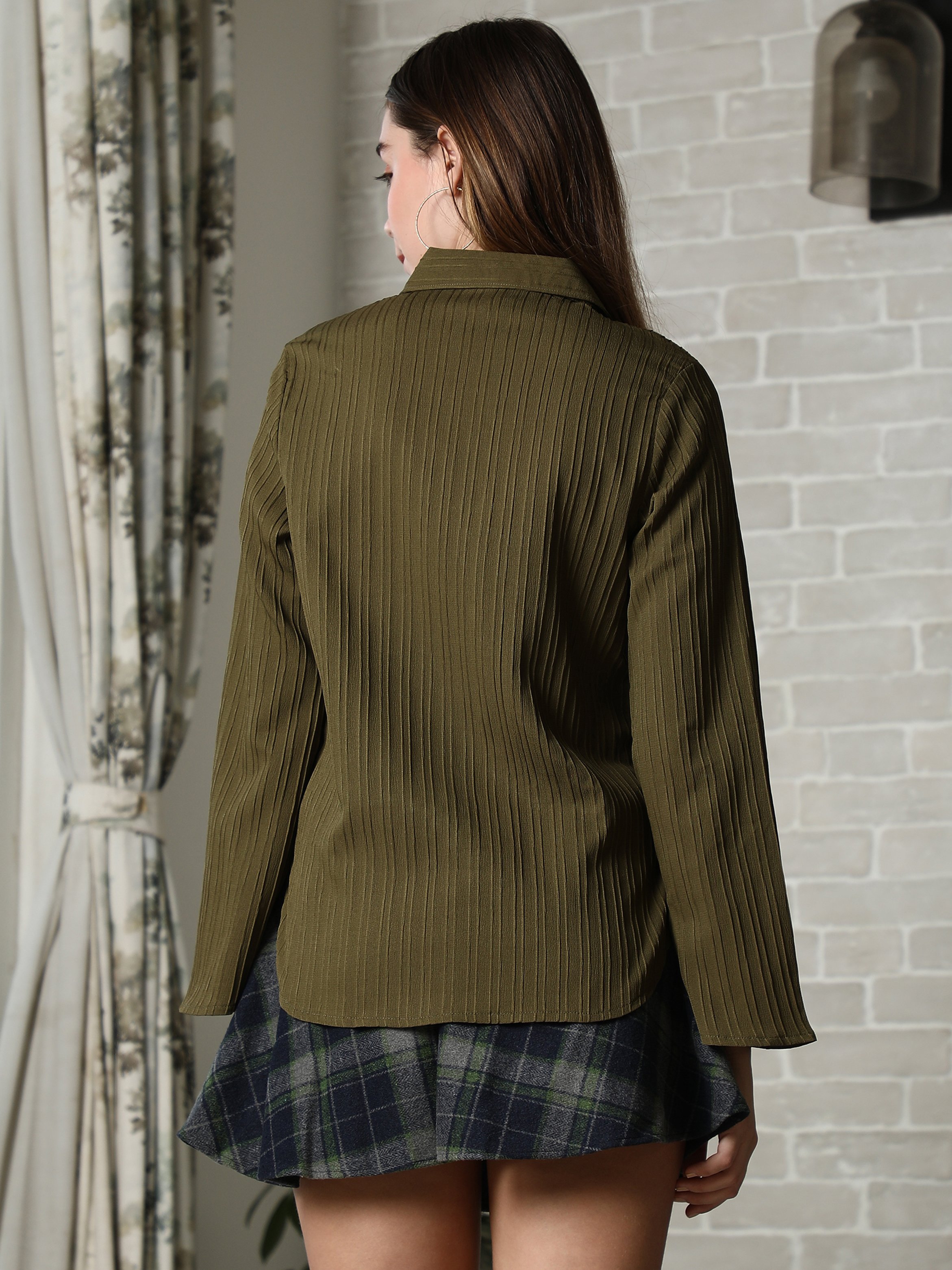 Olive Green Self-Design Striped Shirt