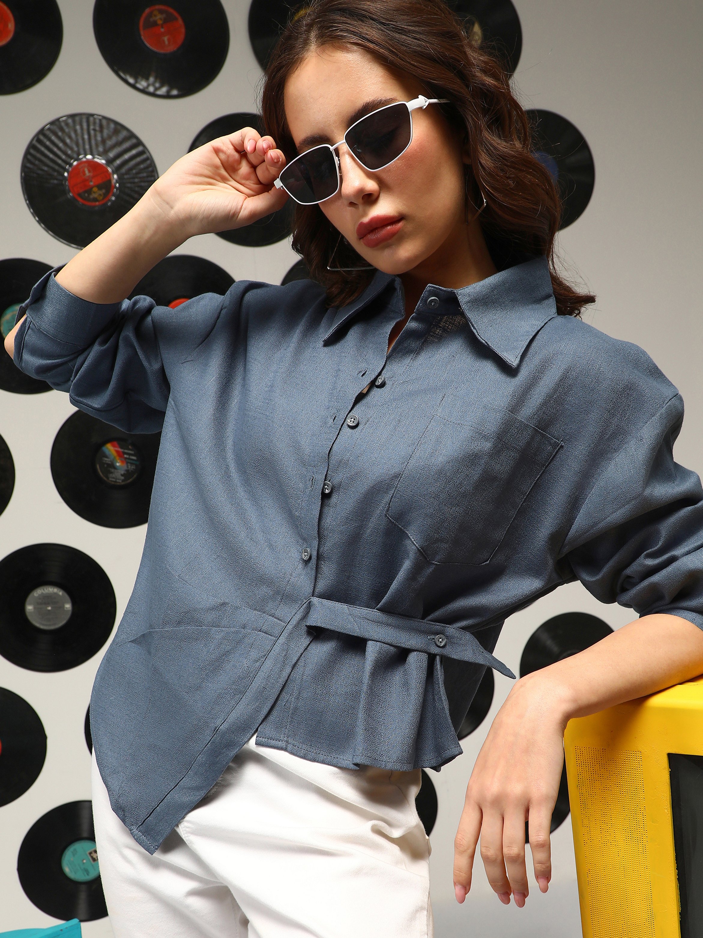 Blue Long Sleeve Wrap Shirt