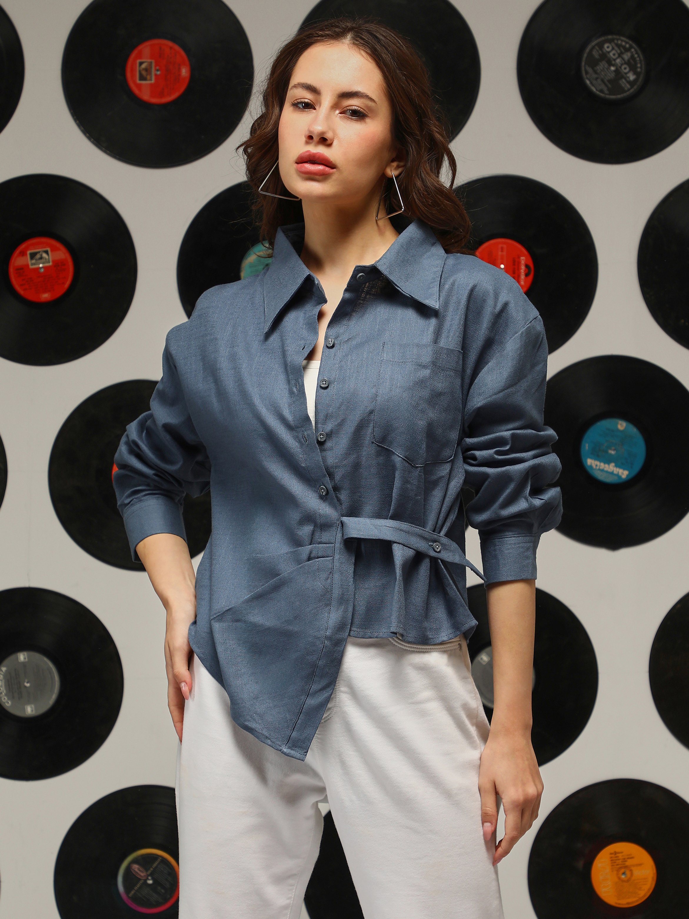 Blue Long Sleeve Wrap Shirt