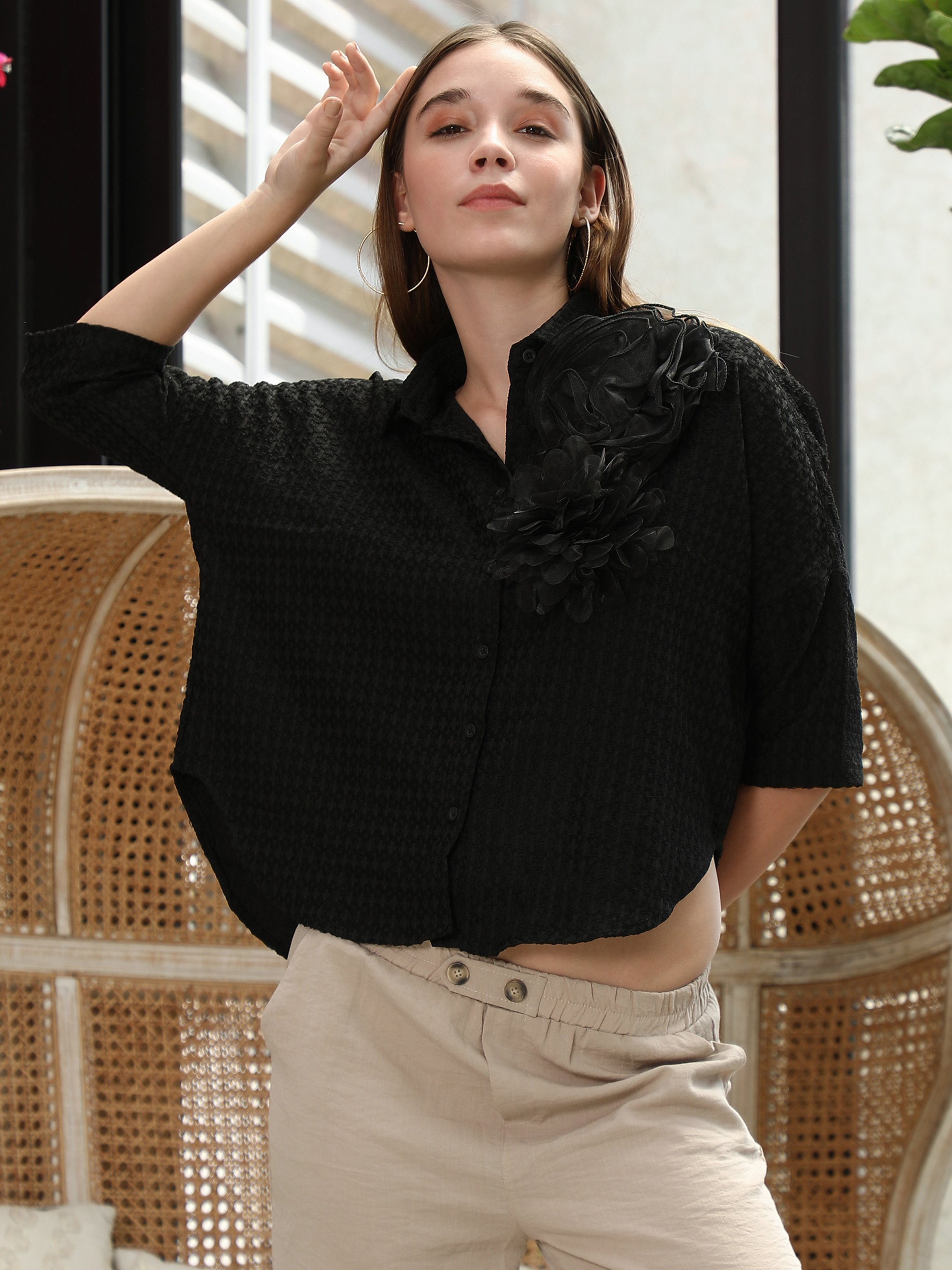 Black Textured Oversized Shirt