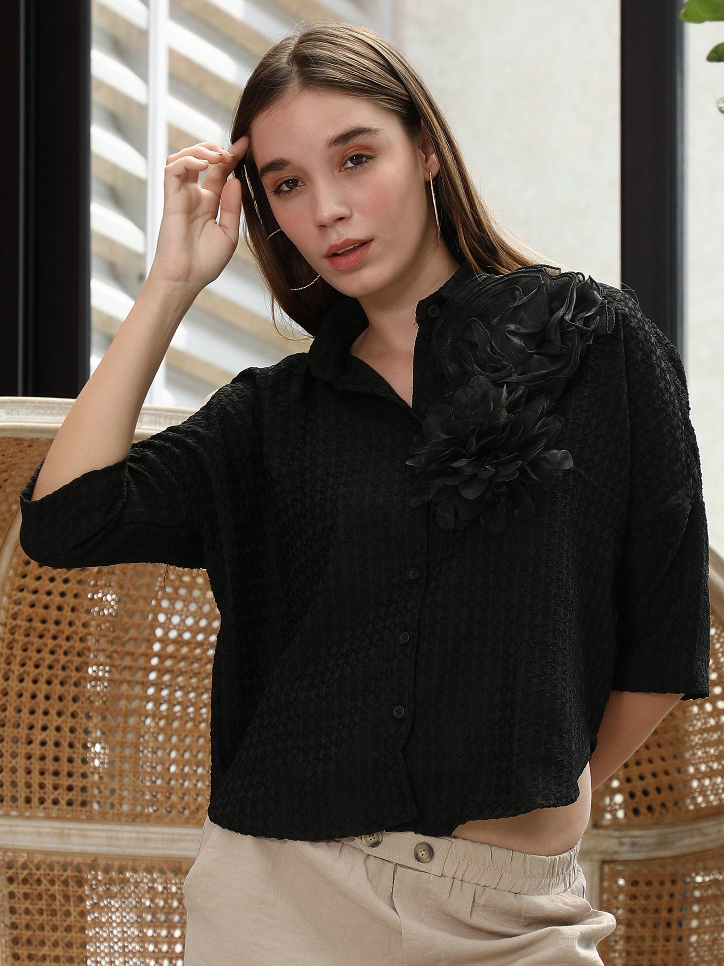 Black Textured Oversized Shirt