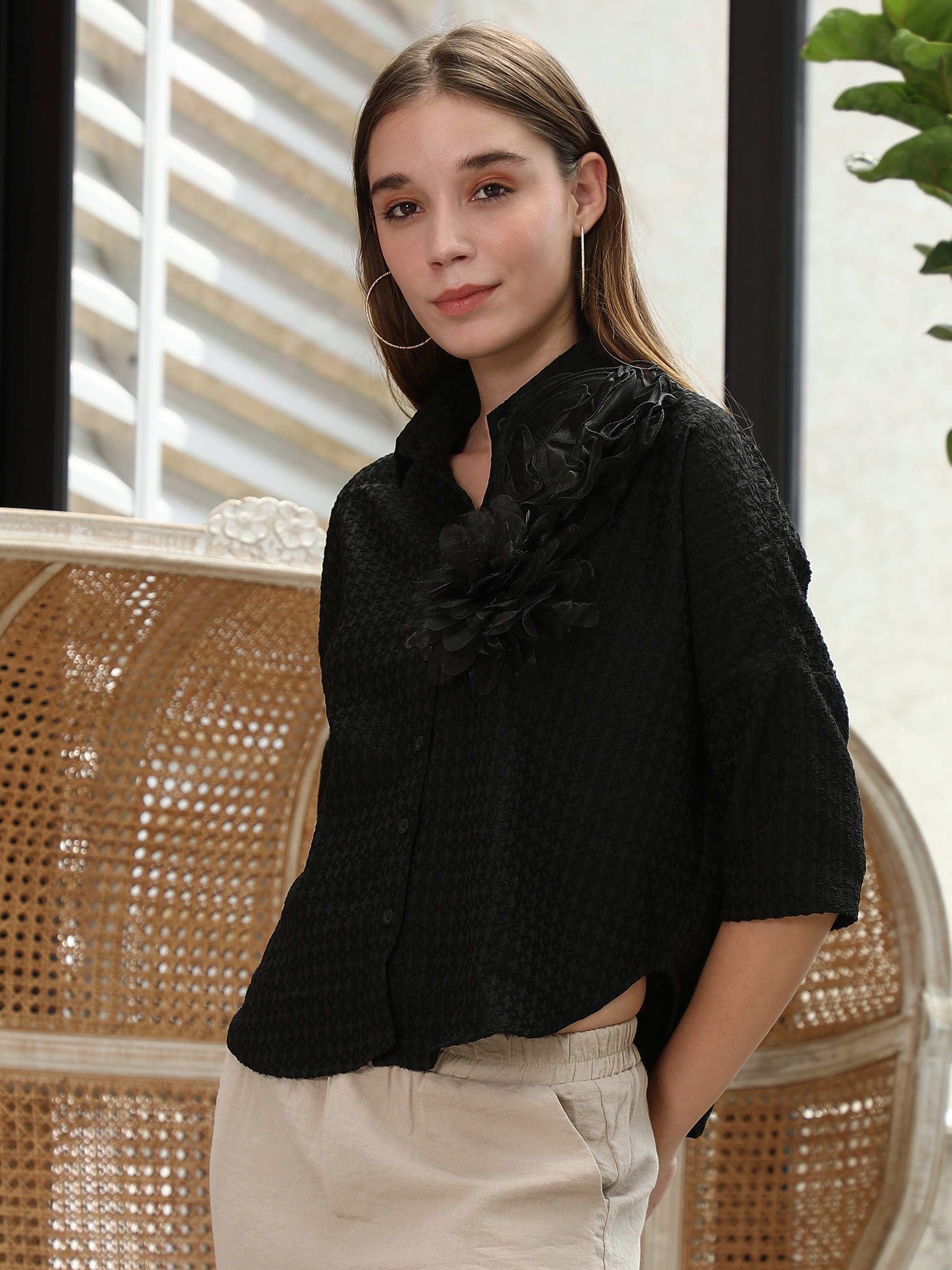 Black Textured Oversized Shirt