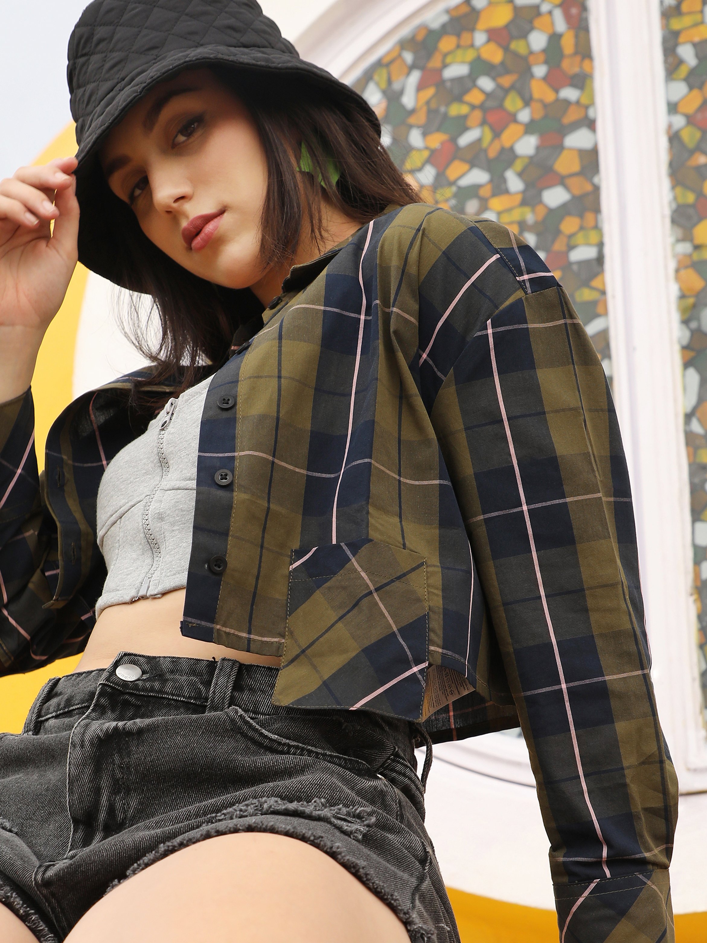 Plaid Long Sleeve Crop Shirt