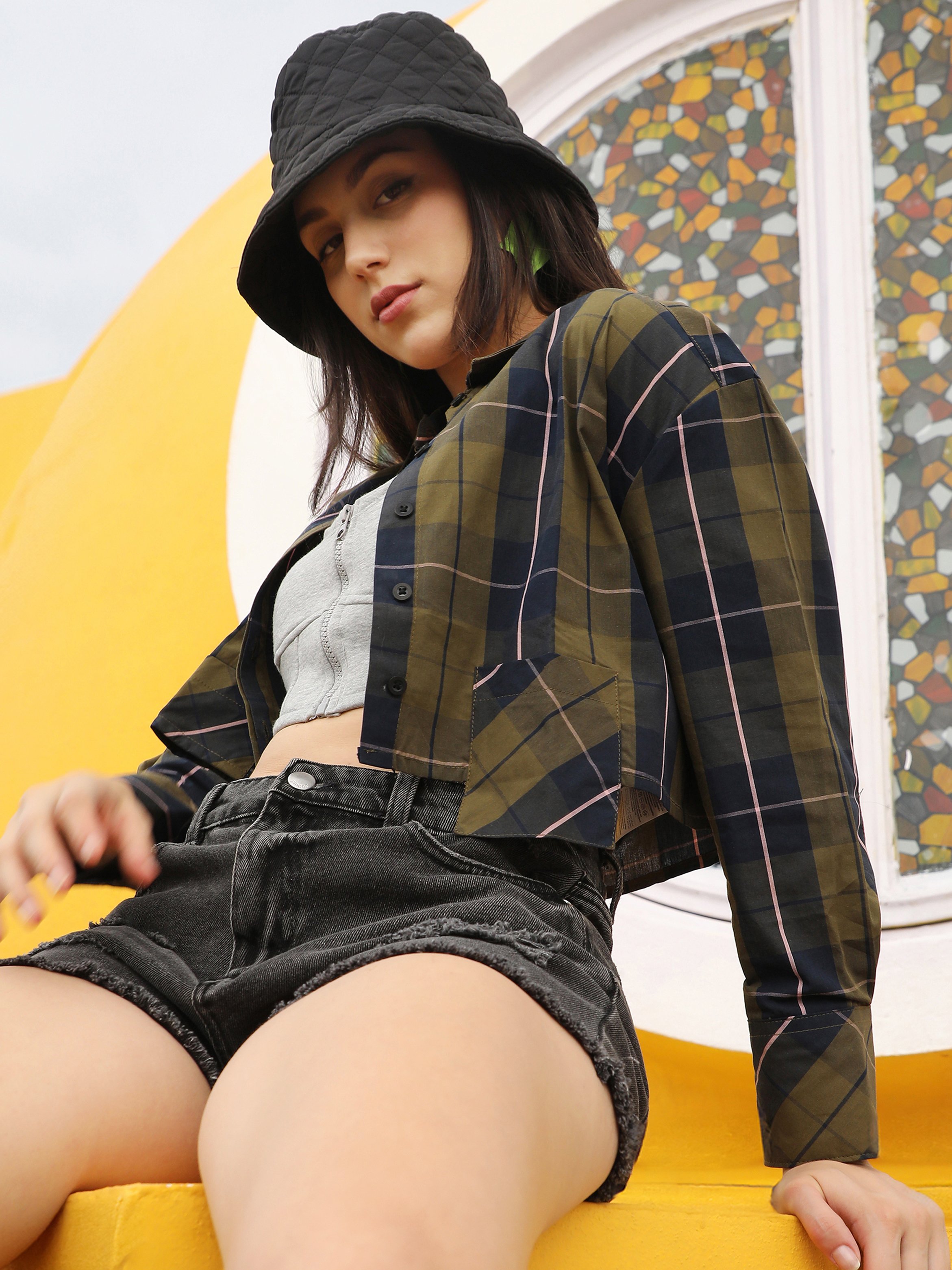 Plaid Long Sleeve Crop Shirt