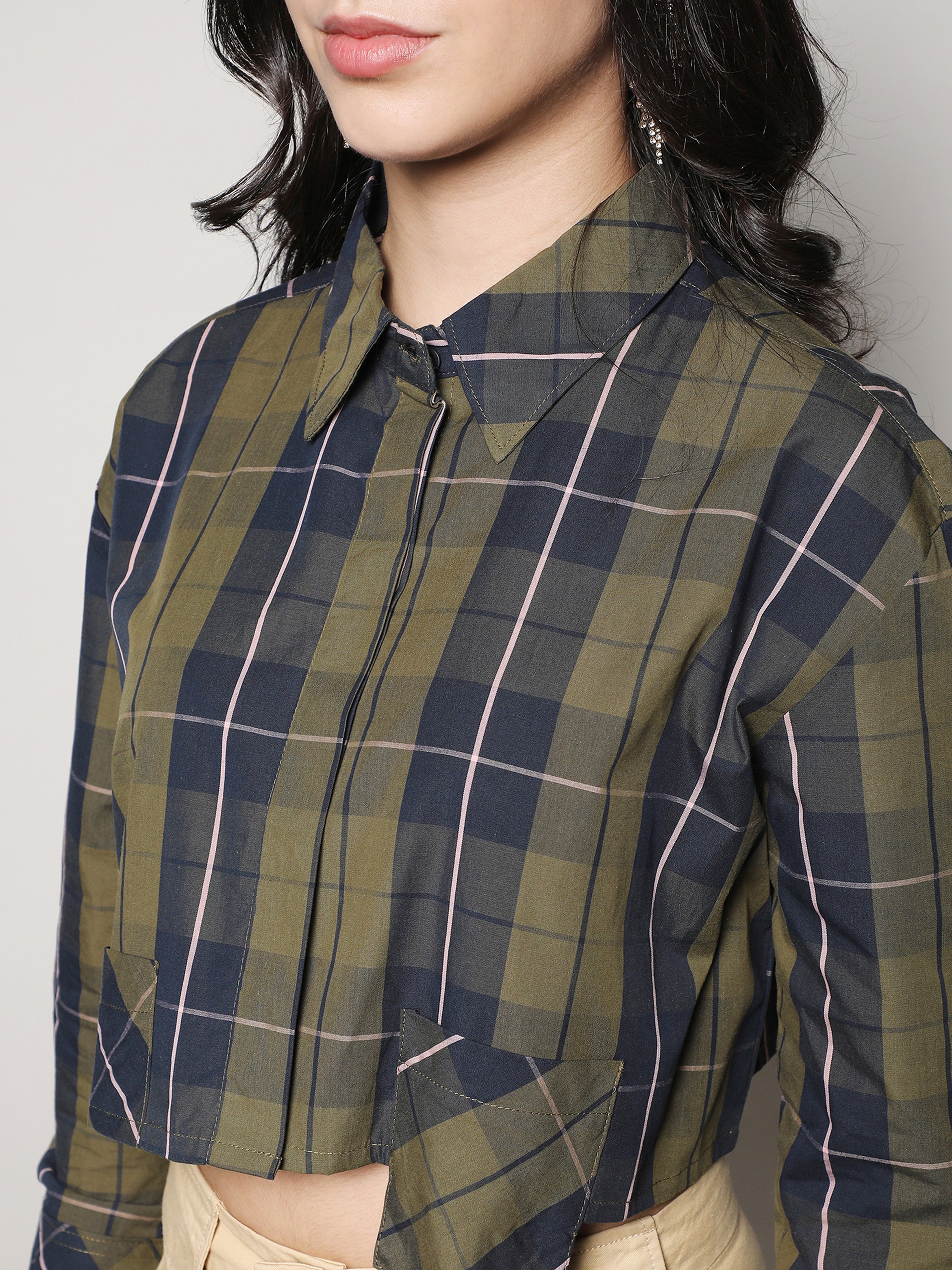 Plaid Long Sleeve Crop Shirt