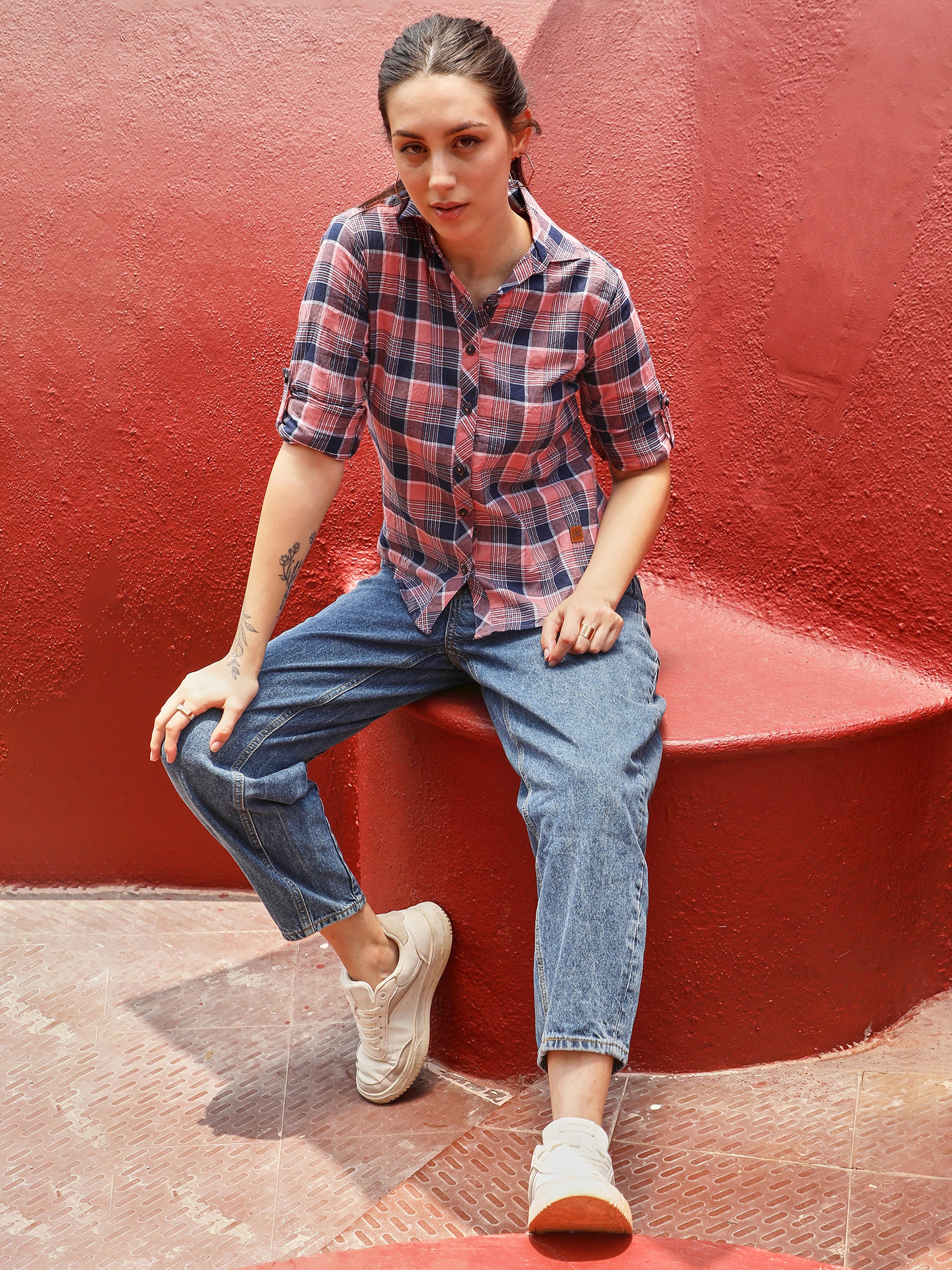 Baby Pink and Navy Blue Plaid Long Sleeve Shirt