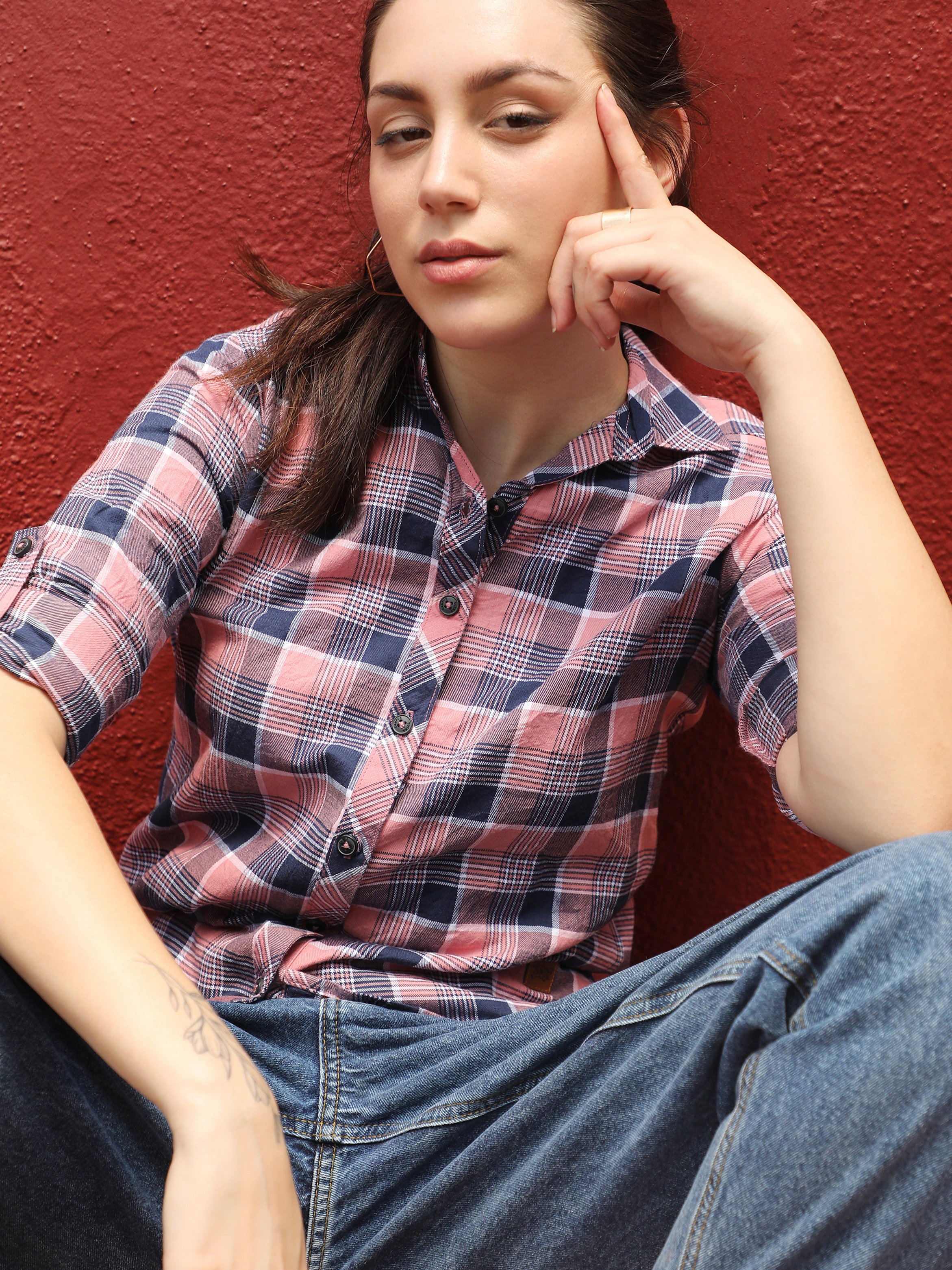Baby Pink and Navy Blue Plaid Long Sleeve Shirt