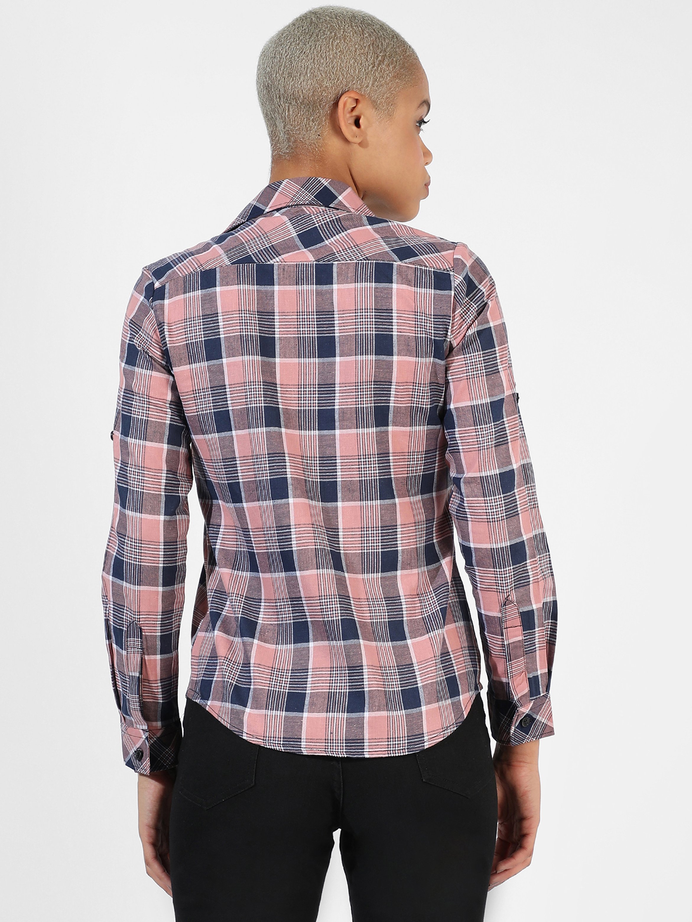 Baby Pink and Navy Blue Plaid Long Sleeve Shirt