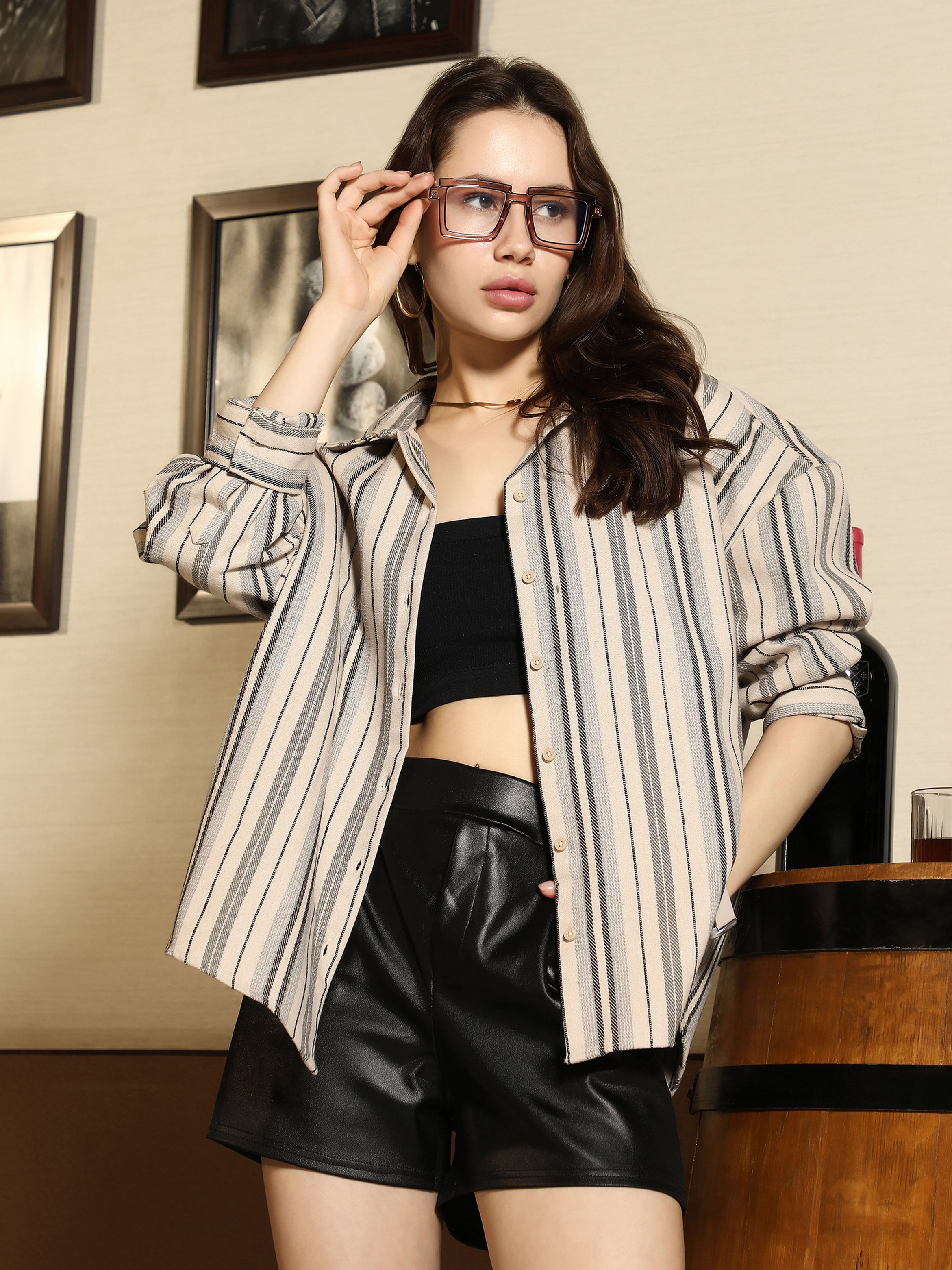 Beige Twill-Striped Oversized Shirt