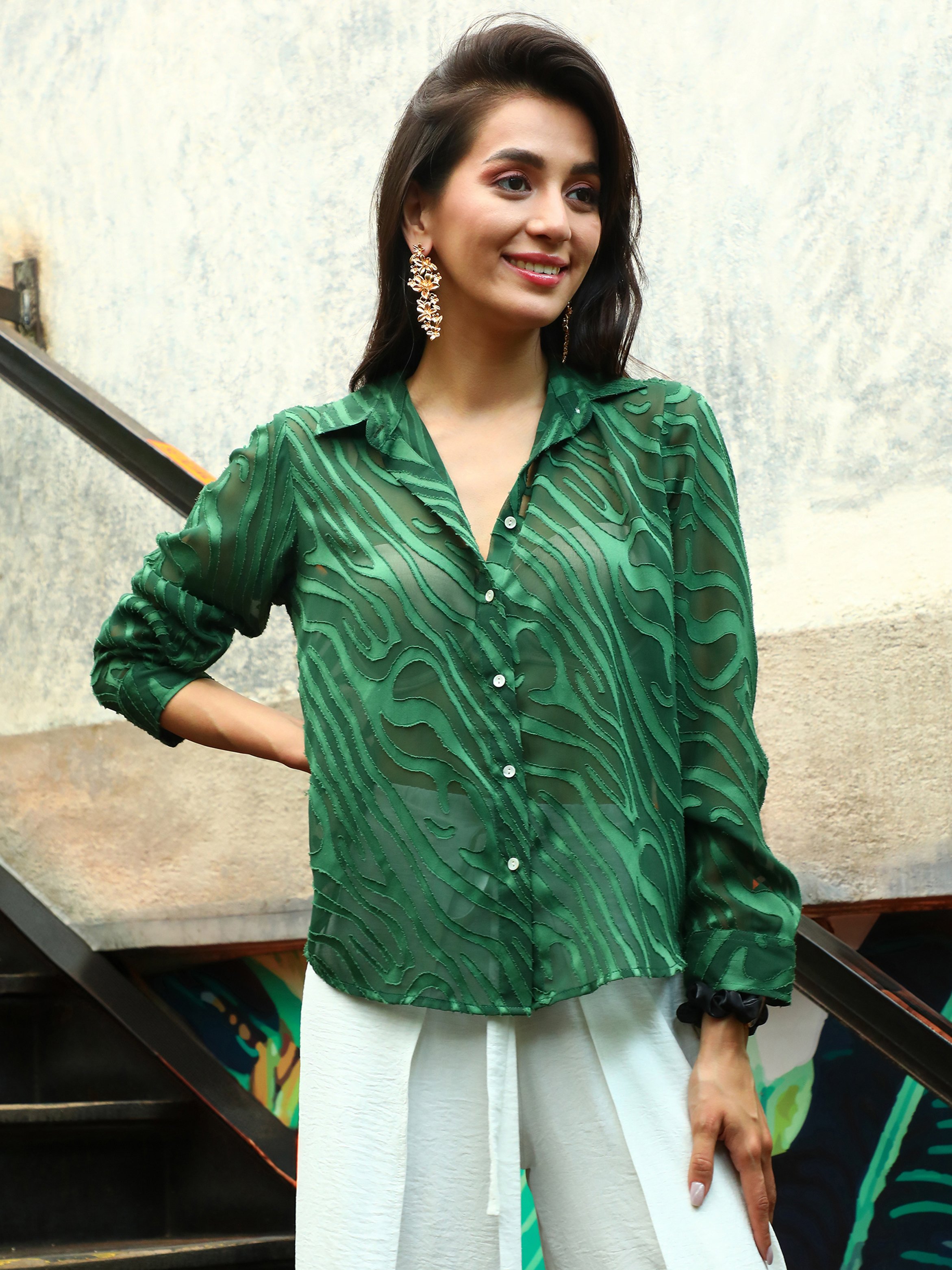 Forest Green Textured Sheer Shirt