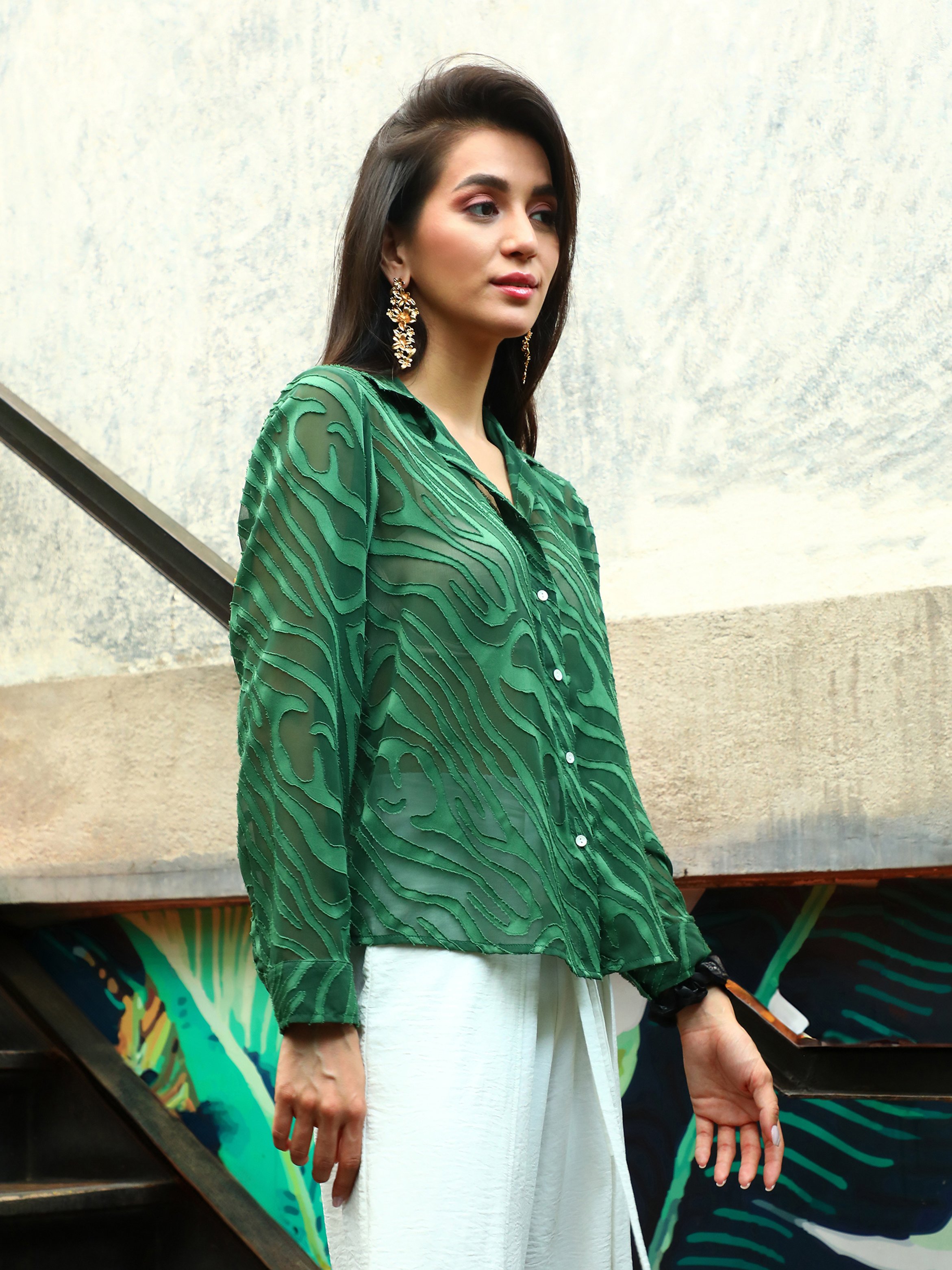 Forest Green Textured Sheer Shirt