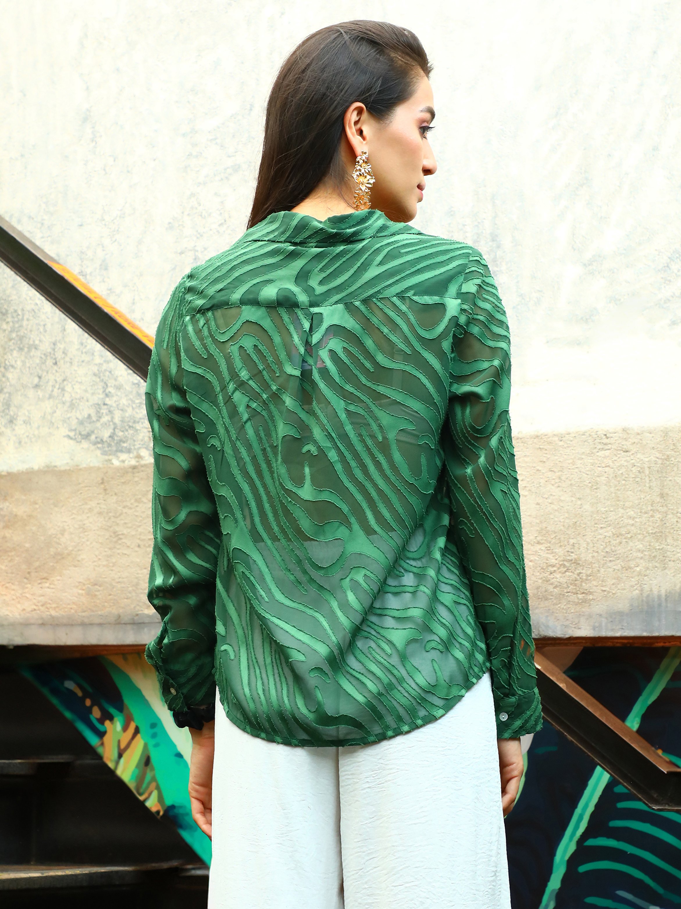 Forest Green Textured Sheer Shirt