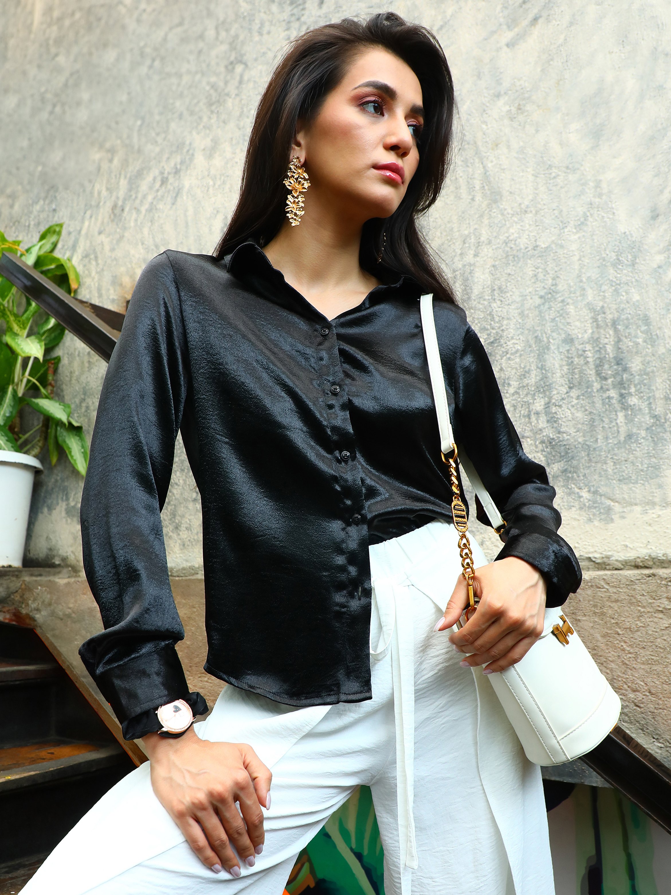 Black Solid Satin Shirt