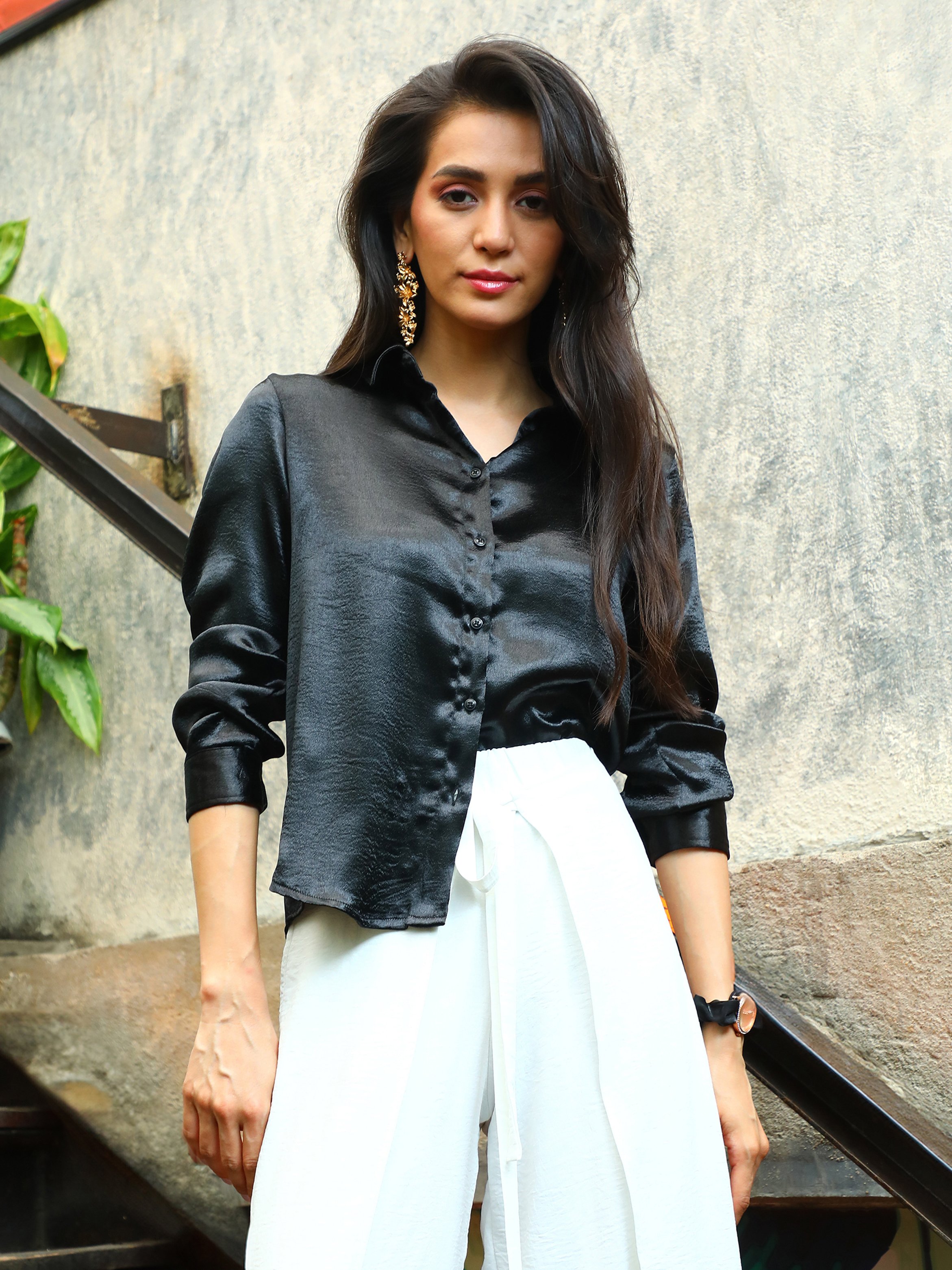 Black Solid Satin Shirt