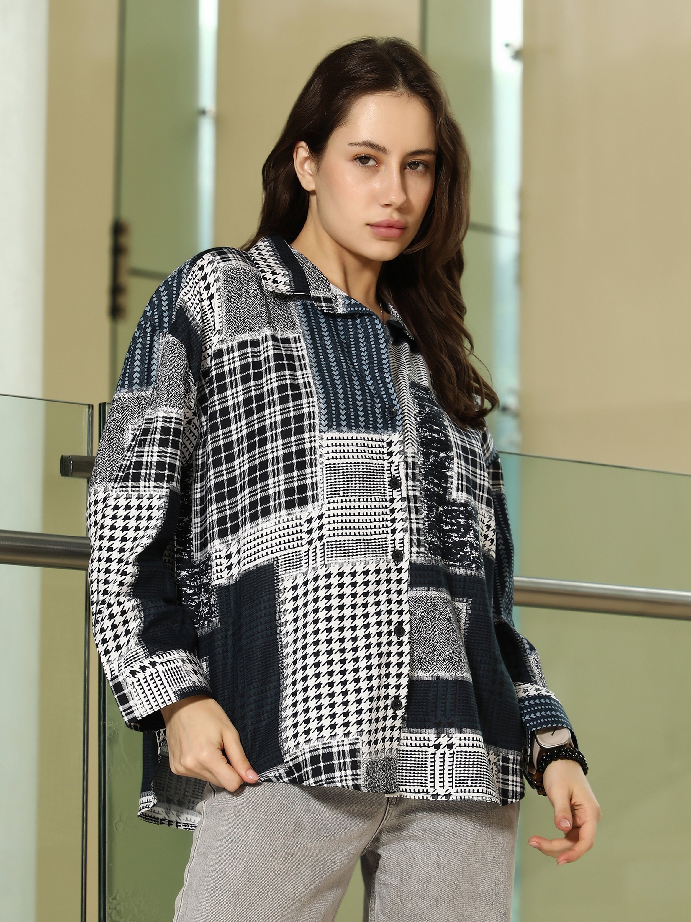 Houndstooth Imprint Oversized Shirt