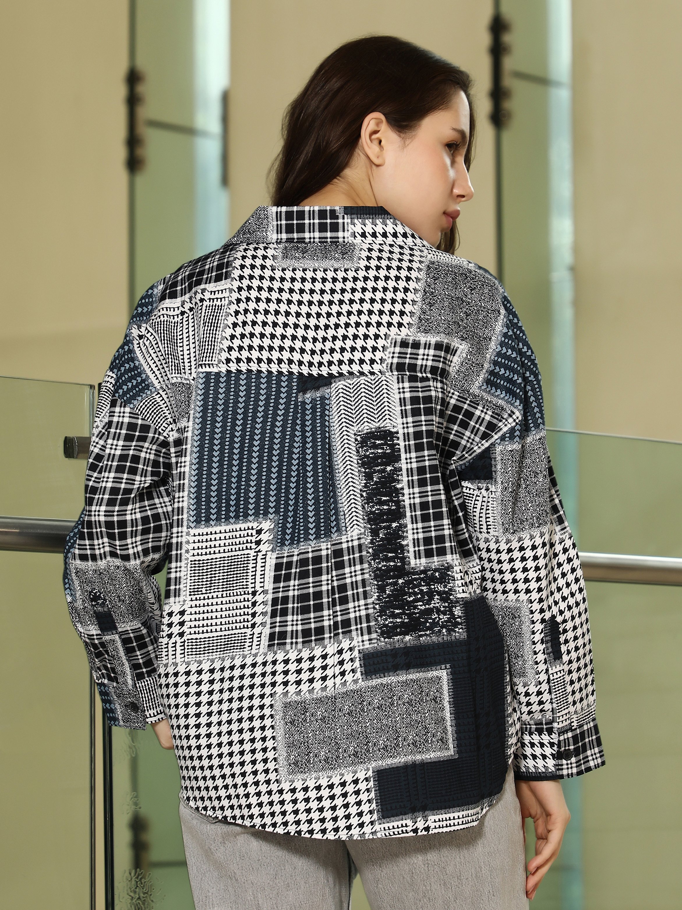 Houndstooth Imprint Oversized Shirt