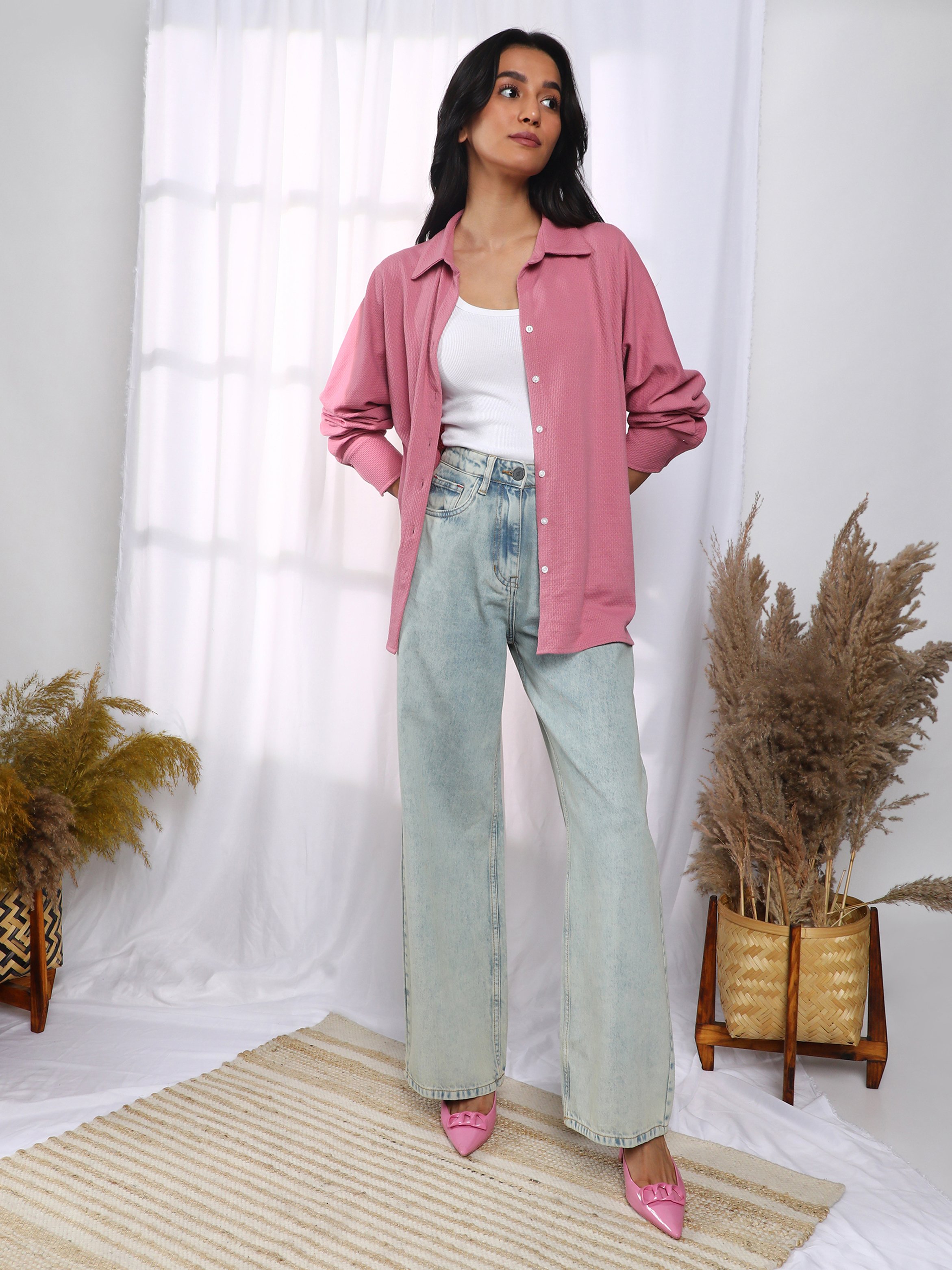Rouge Pink Solid Woven Shirt