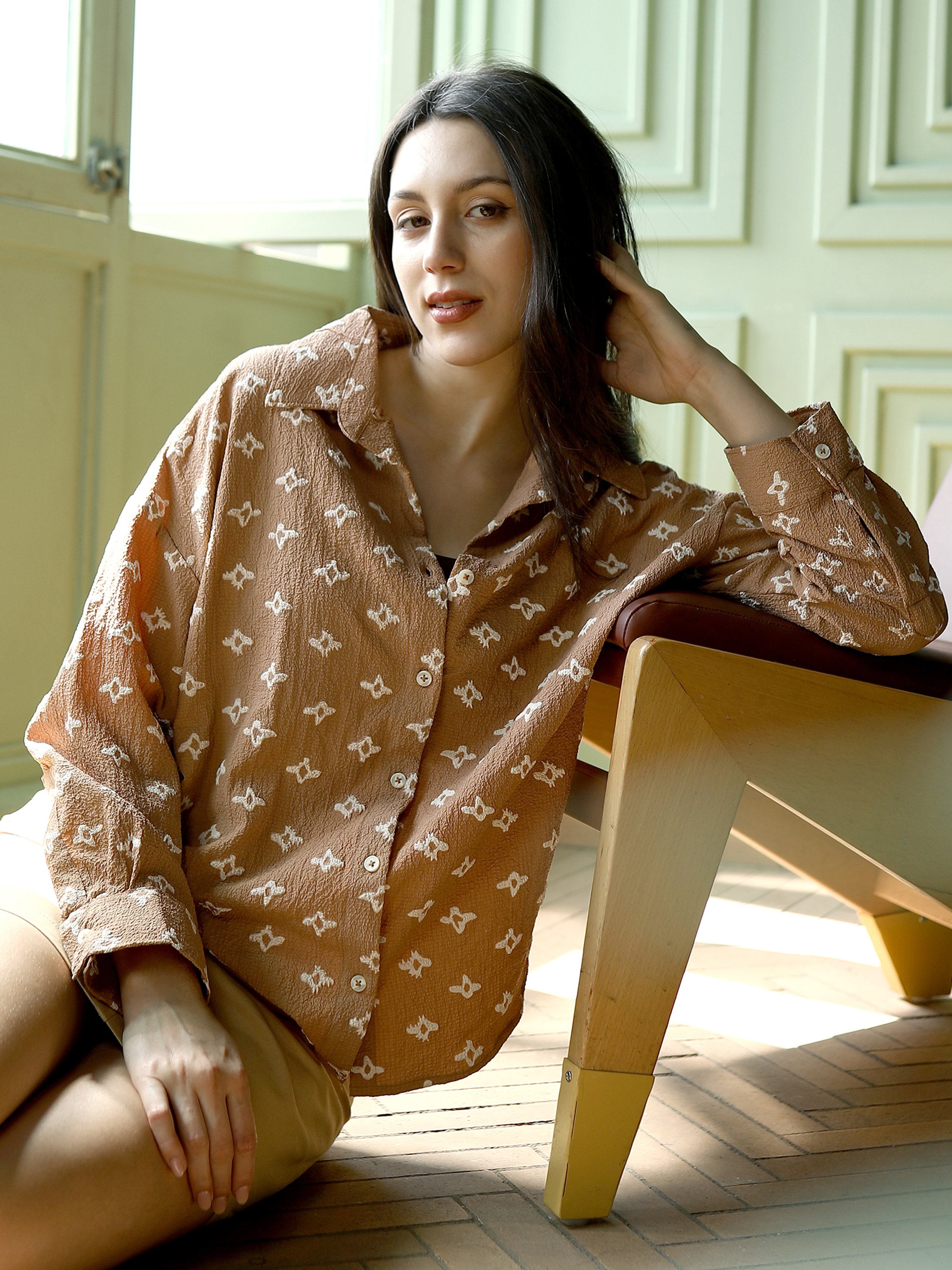 Camel Brown Floral Print Oversized Shirt