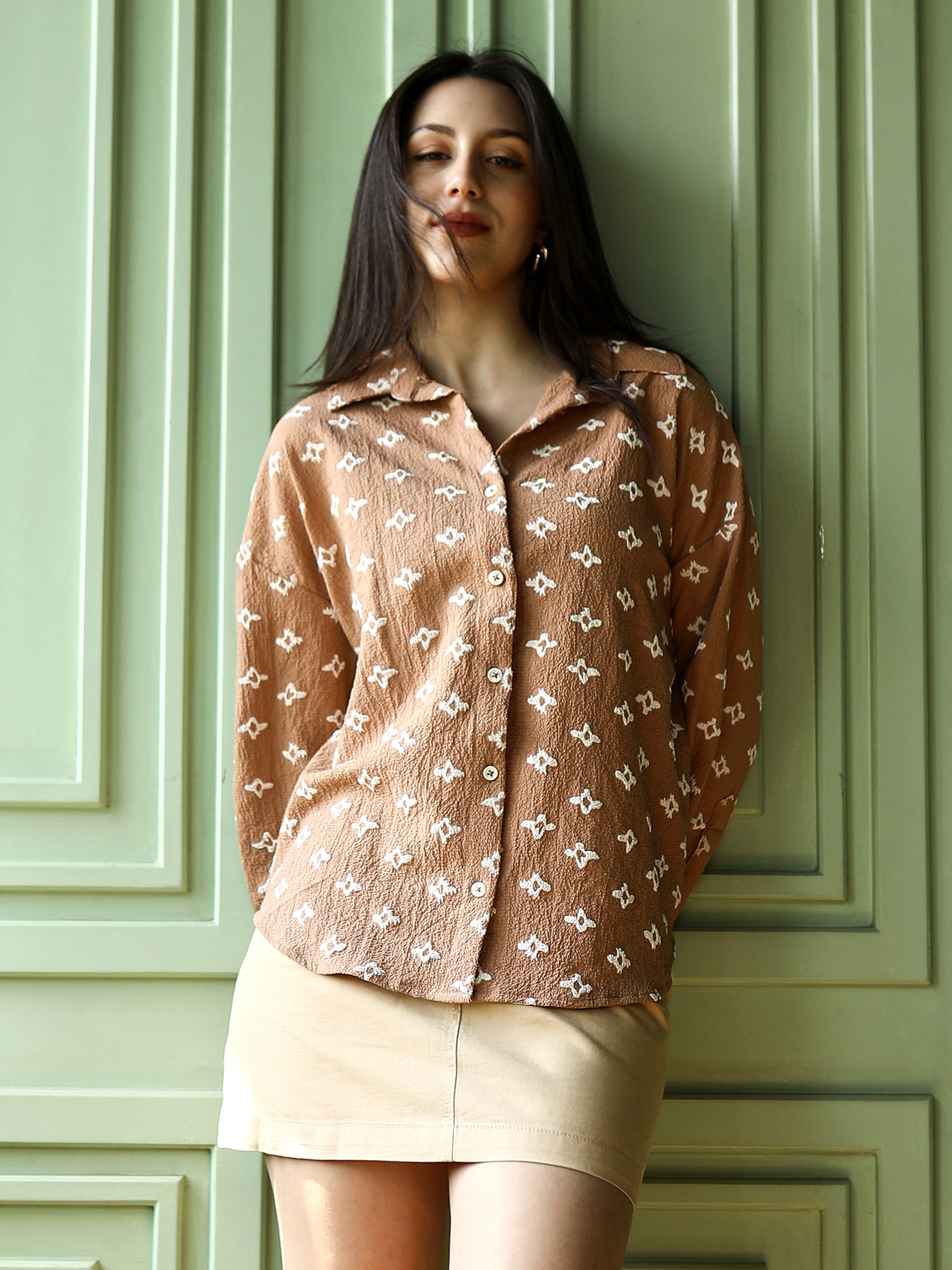 Camel Brown Floral Print Oversized Shirt