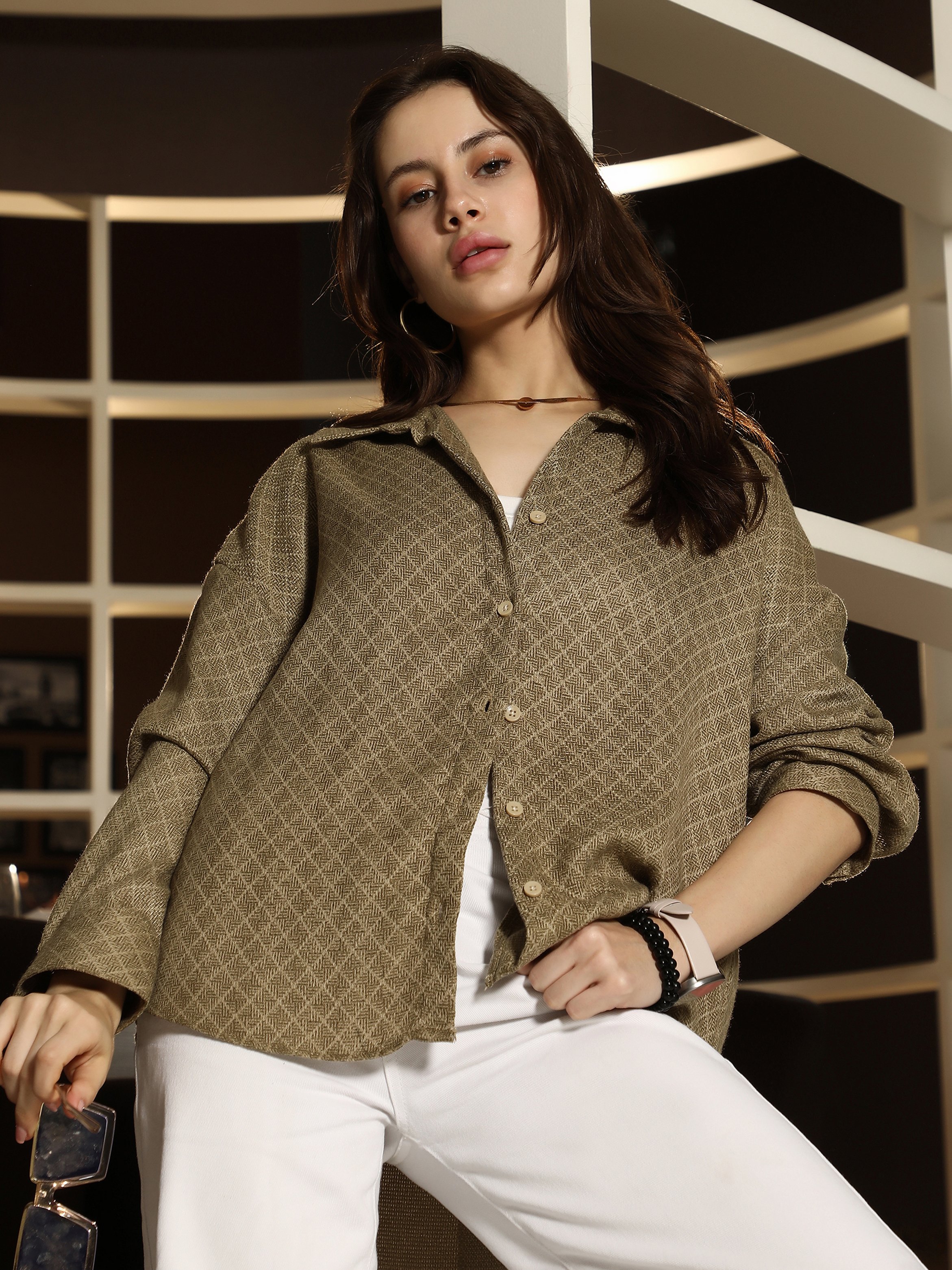 Olive Green Textured Dobby Oversized Shirt