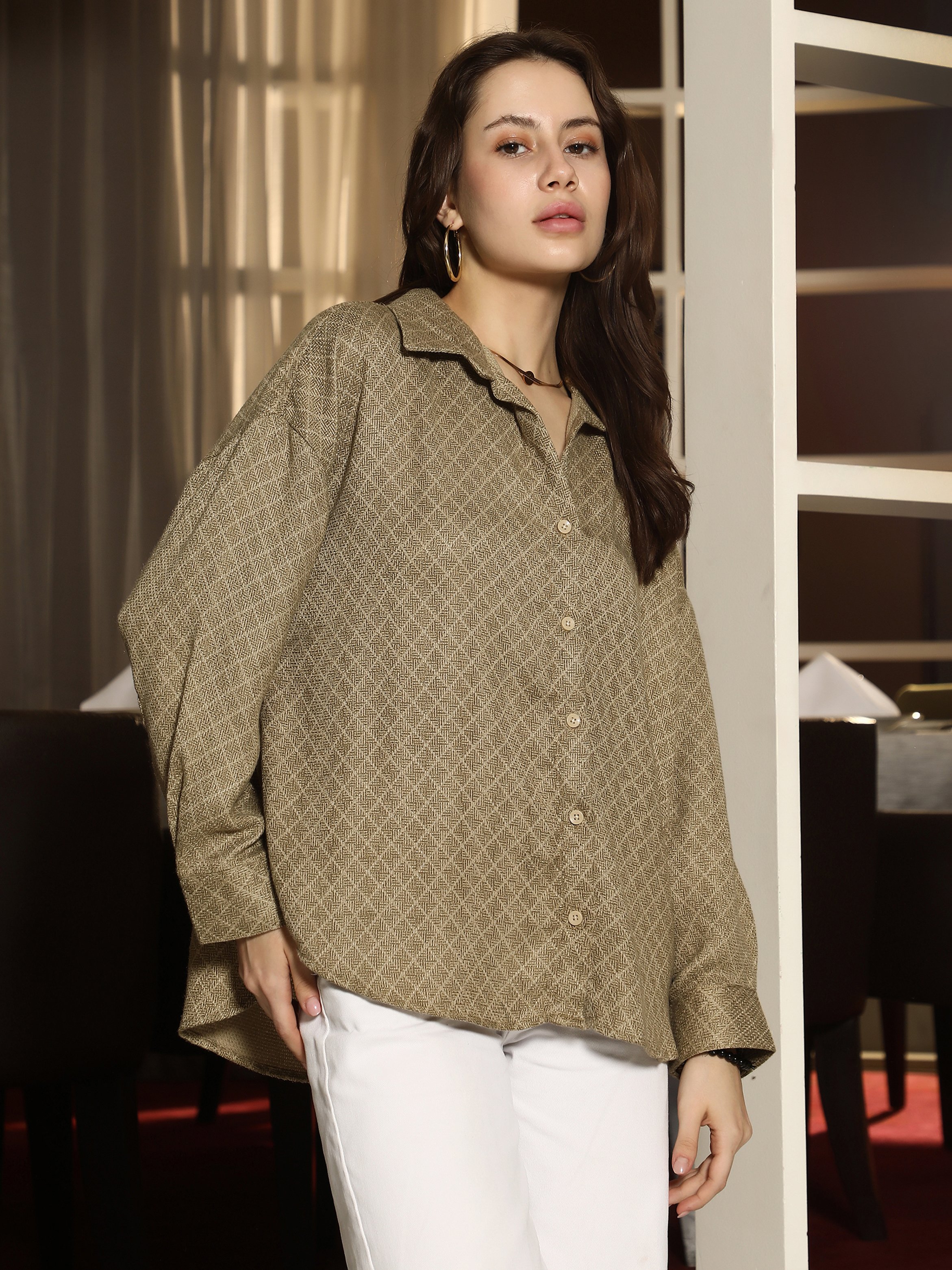 Olive Green Textured Dobby Oversized Shirt