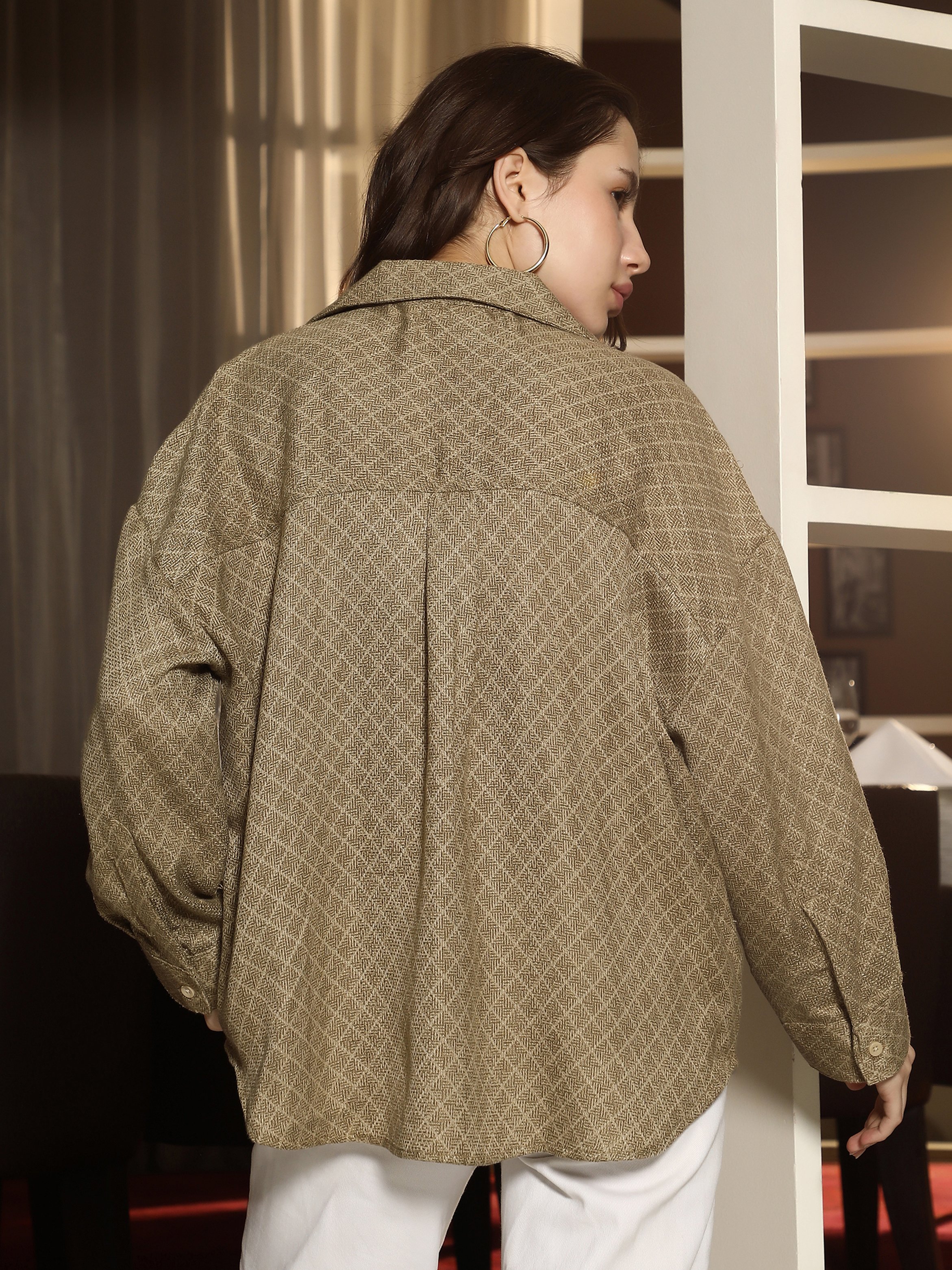Olive Green Textured Dobby Oversized Shirt