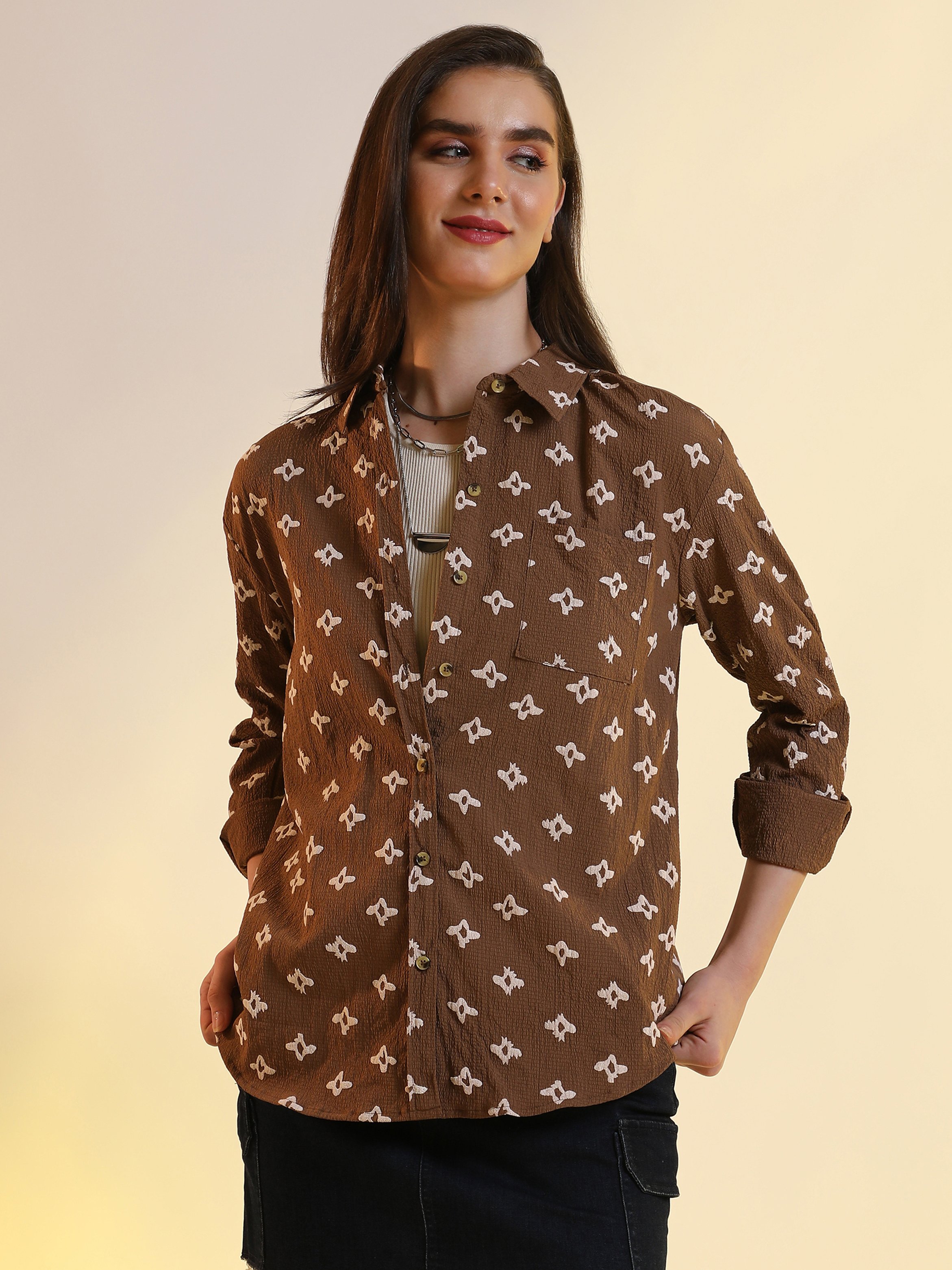 Chocolate Brown Floral Print Oversized Shirt