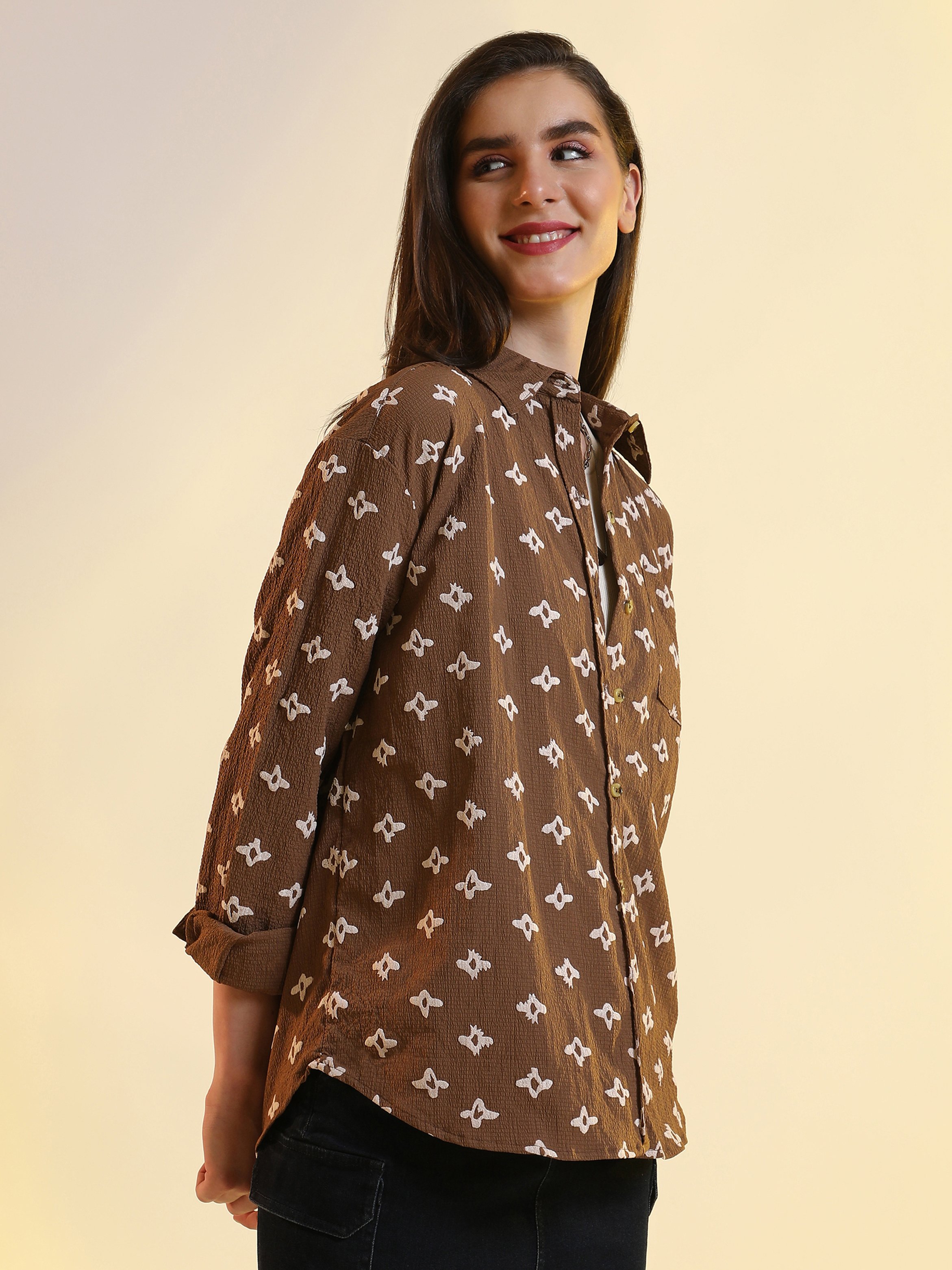 Chocolate Brown Floral Print Oversized Shirt