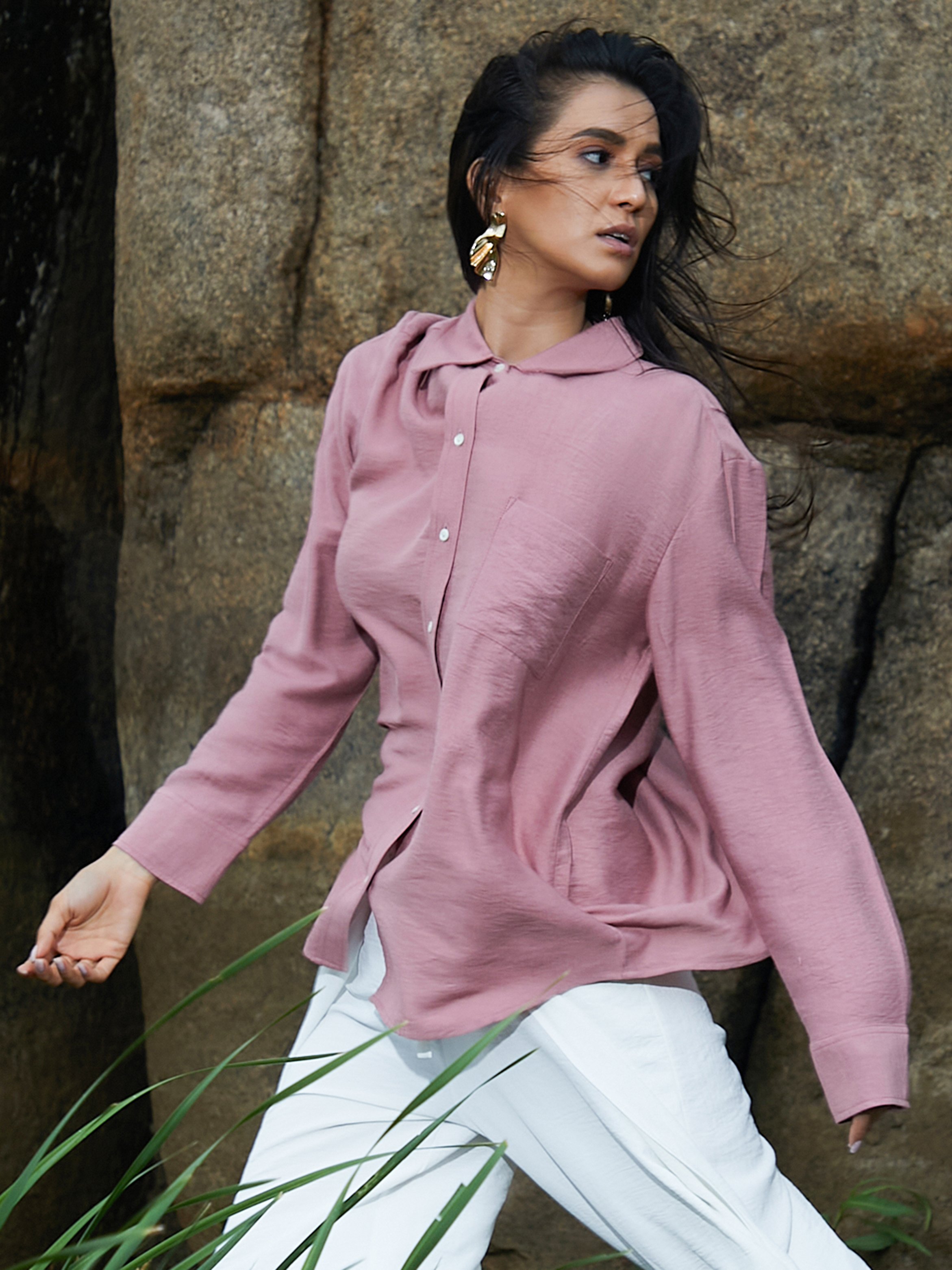 Pink Solid Wrinkled Long Sleeve Shirt