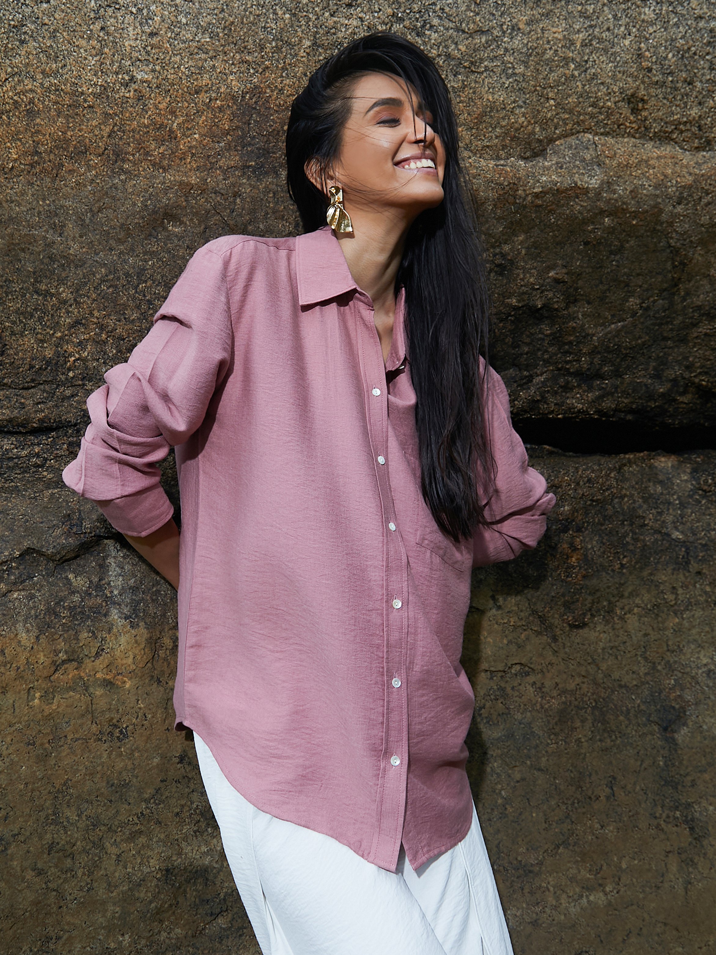Pink Solid Wrinkled Long Sleeve Shirt