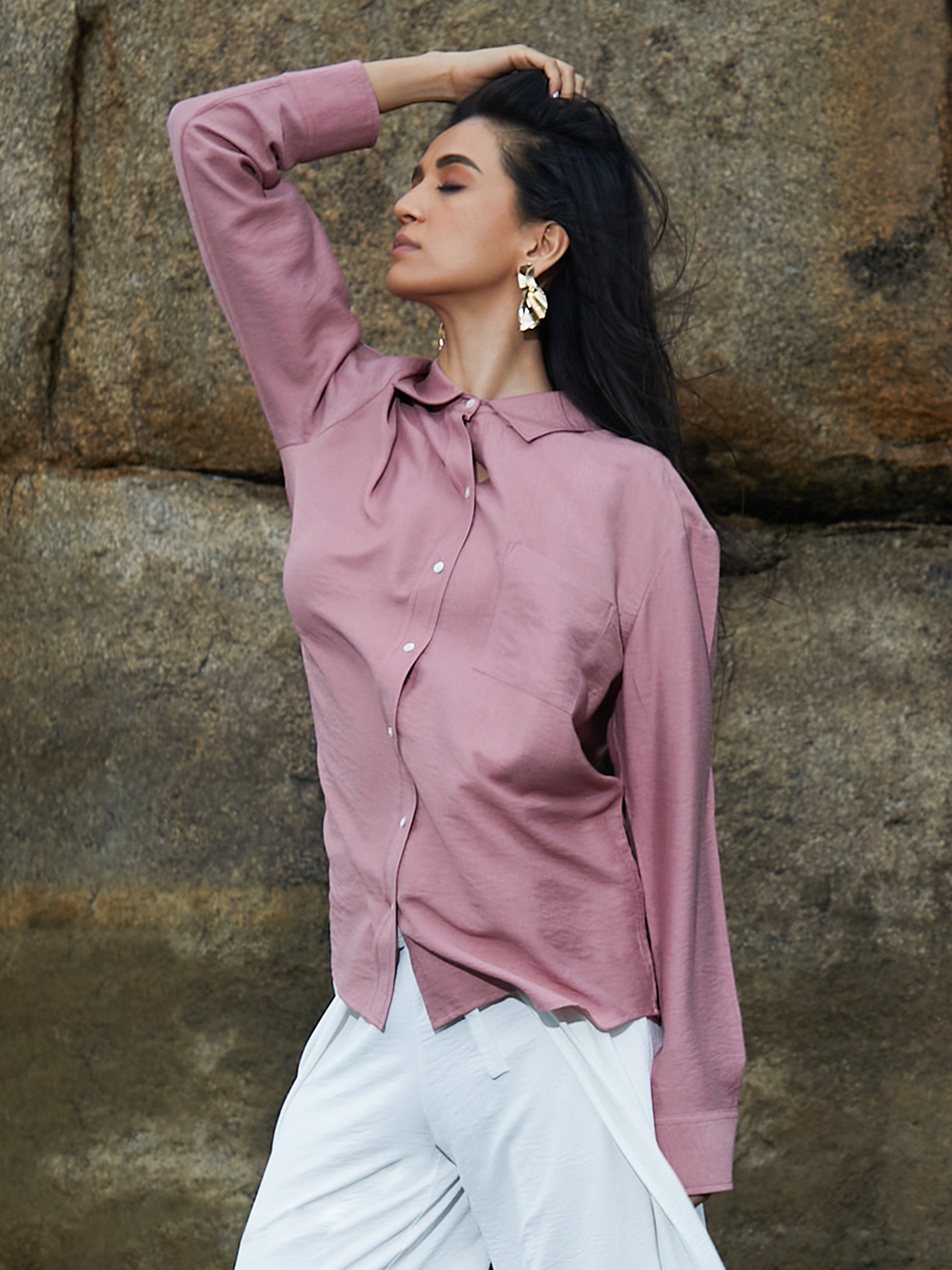 Pink Solid Wrinkled Long Sleeve Shirt
