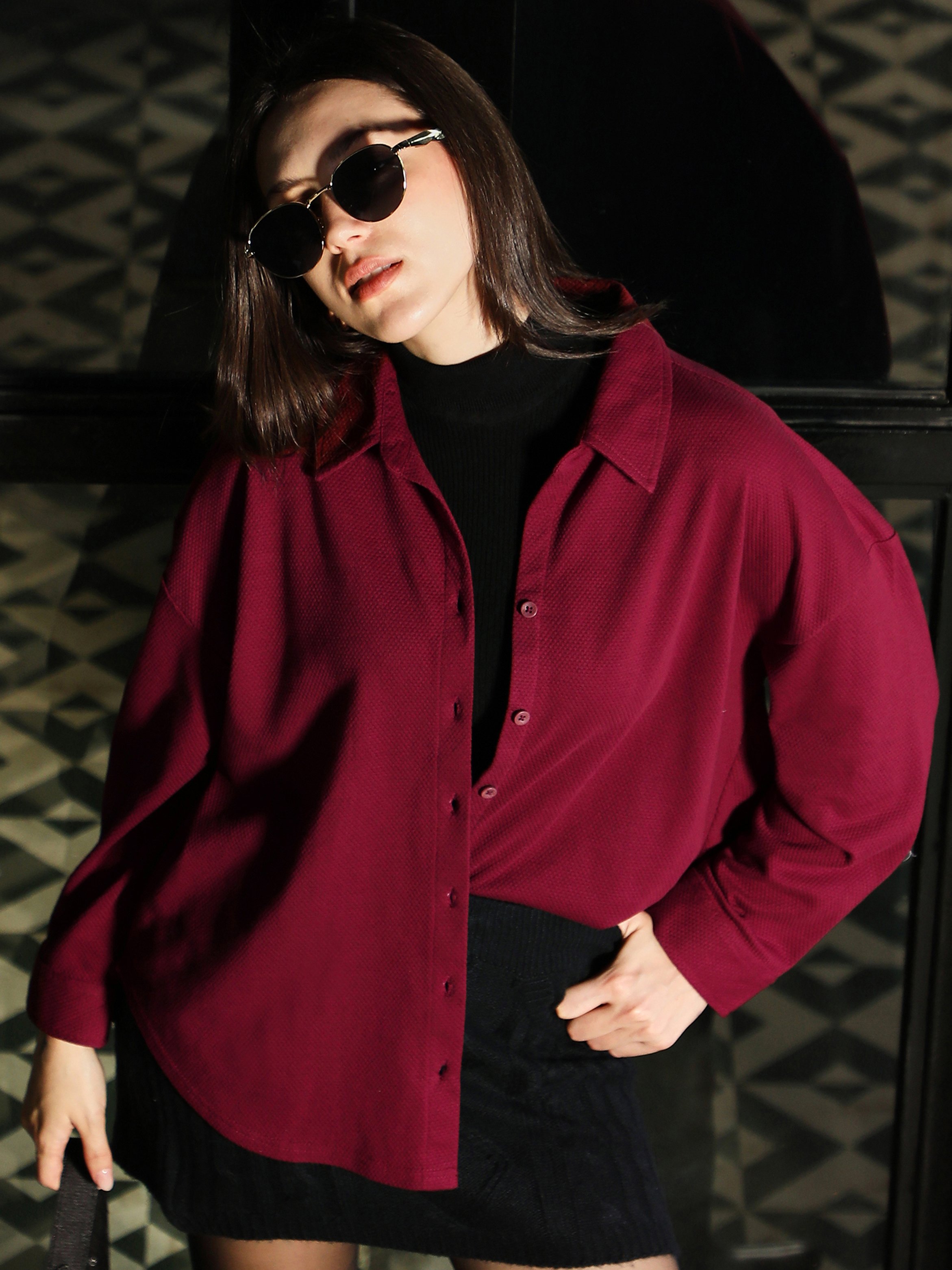 Cherry Red Jacquard Oversized Shirt