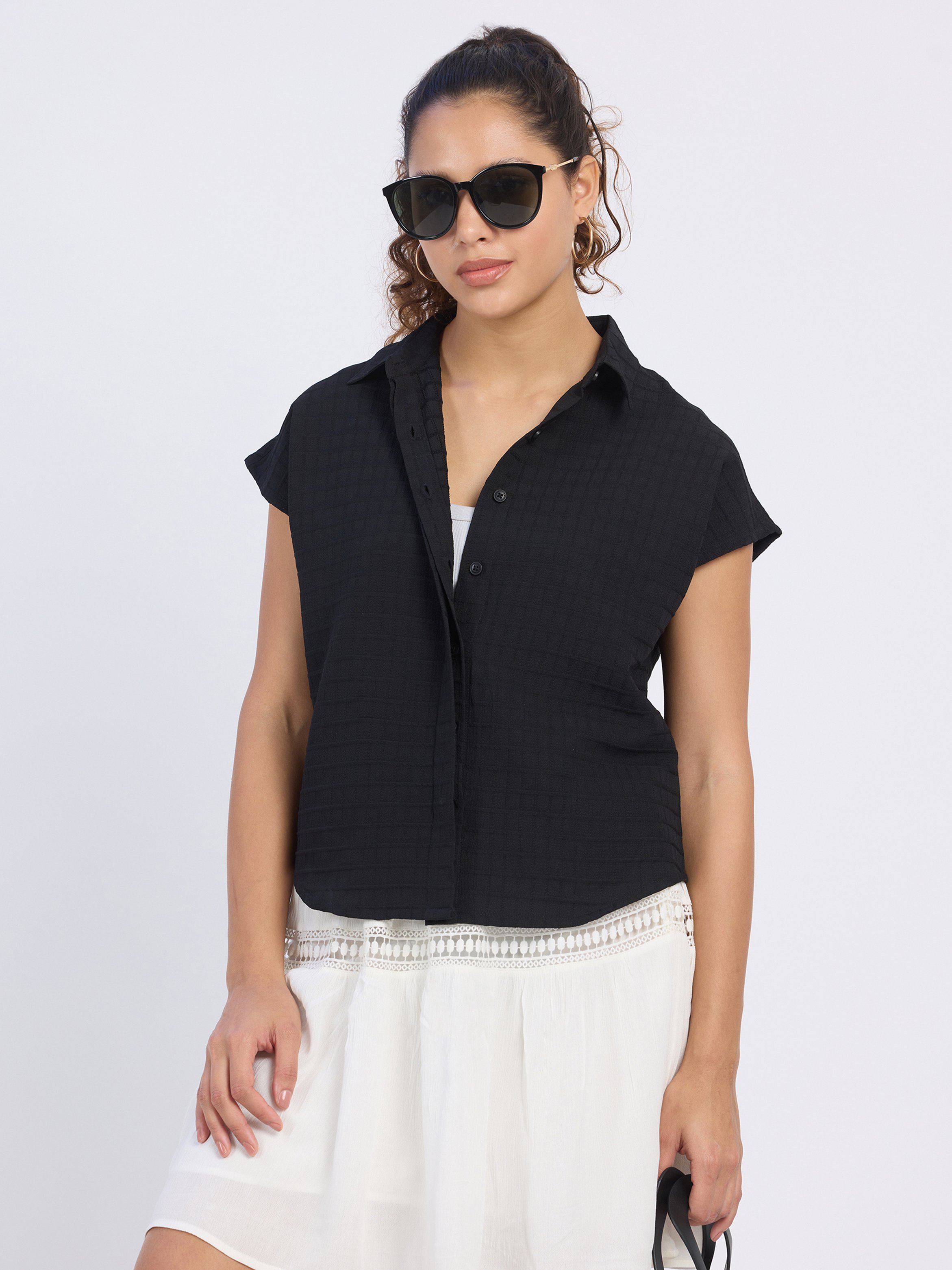 Black Textured Short Sleeve Shirt