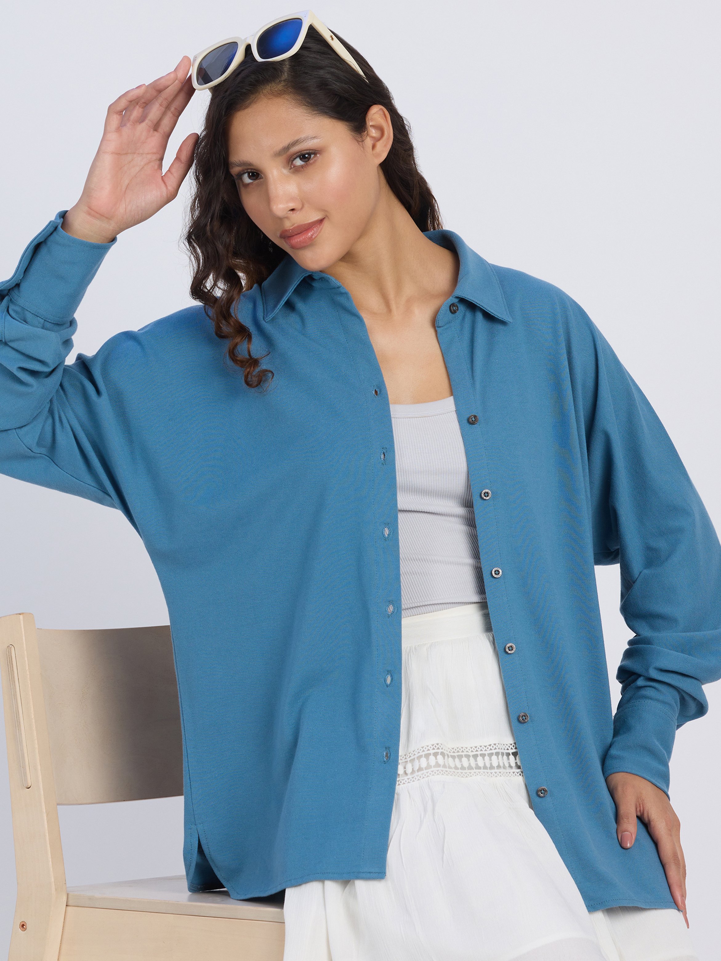 Blue Solid Oversized Shirt