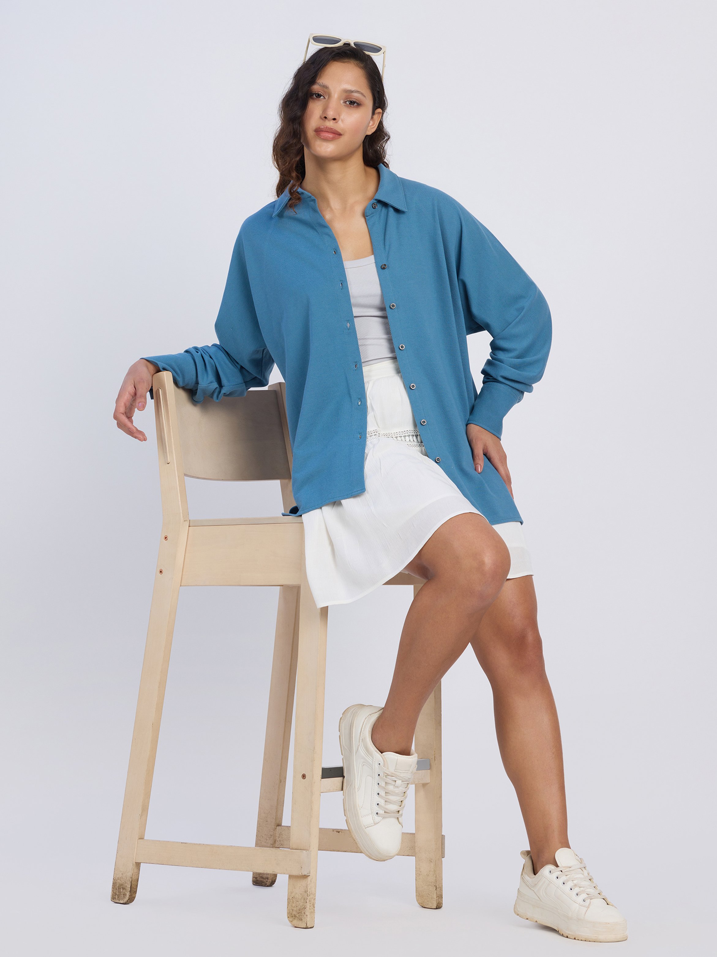 Blue Solid Oversized Shirt